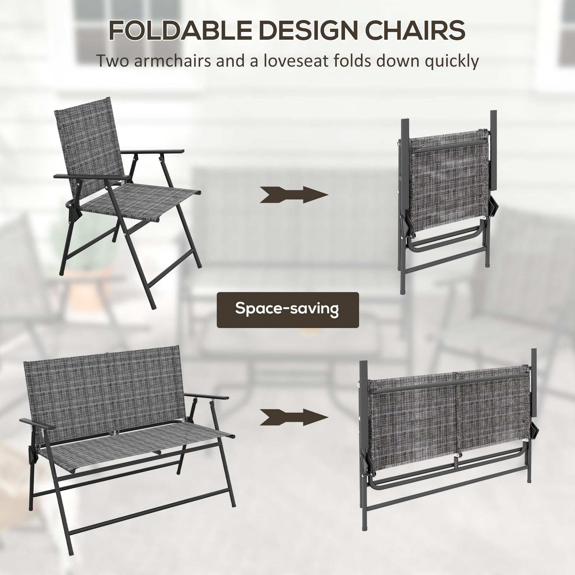 Outdoor 4 Pieces Patio Furniture Set with Foldable Armchairs and Loveseat, Small Patio Coffee Set with Glass Top Table for Backyard Lawn Porch Garden Balcony, Mixed Grey