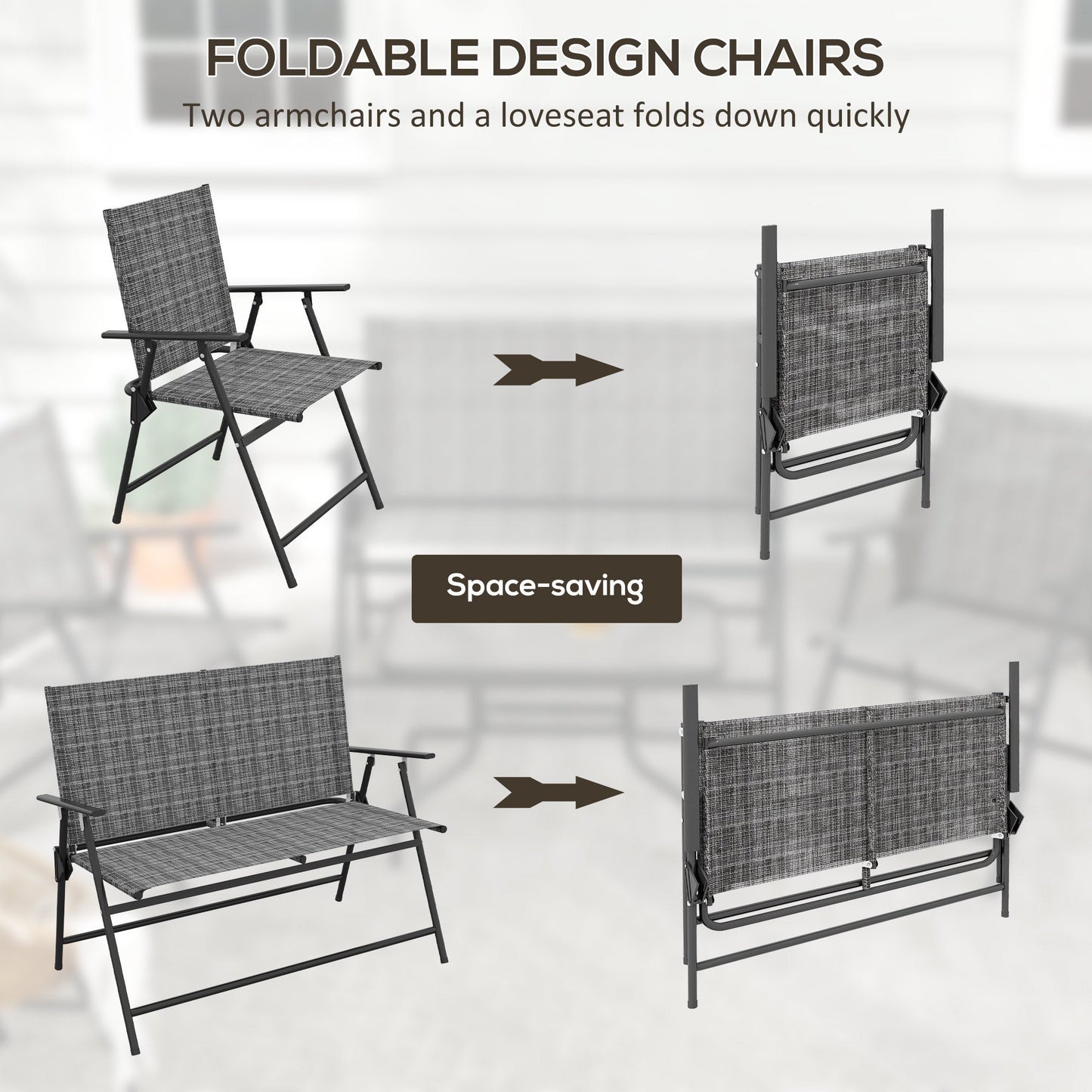 Outdoor 4 Pieces Patio Furniture Set with Foldable Armchairs and Loveseat, Small Patio Coffee Set with Glass Top Table for Backyard Lawn Porch Garden Balcony, Mixed Grey