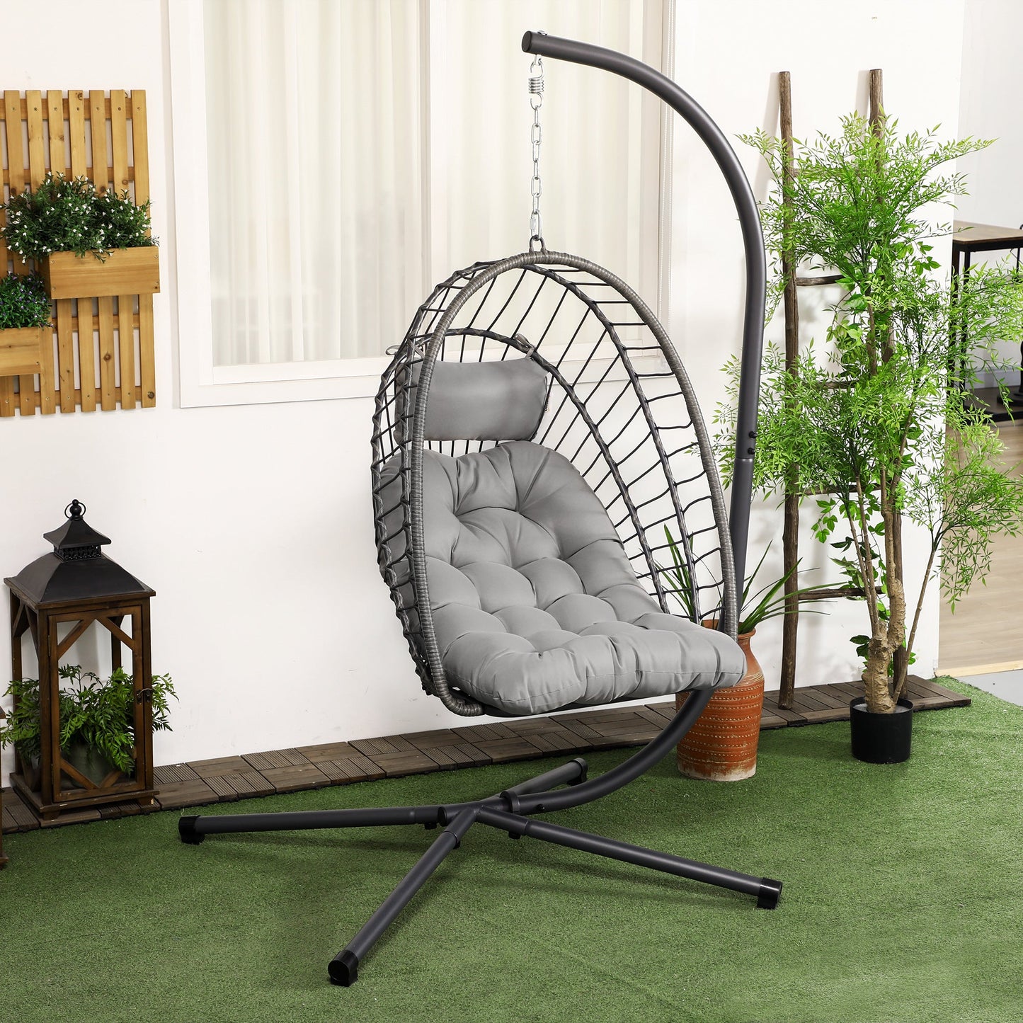 Outdoor Rattan Swing Chair with Foldable Basket and Cushion, Garden Patio Hanging Egg Chair with Metal Stand, Headrest for Indoor and Outdoor, Light Grey