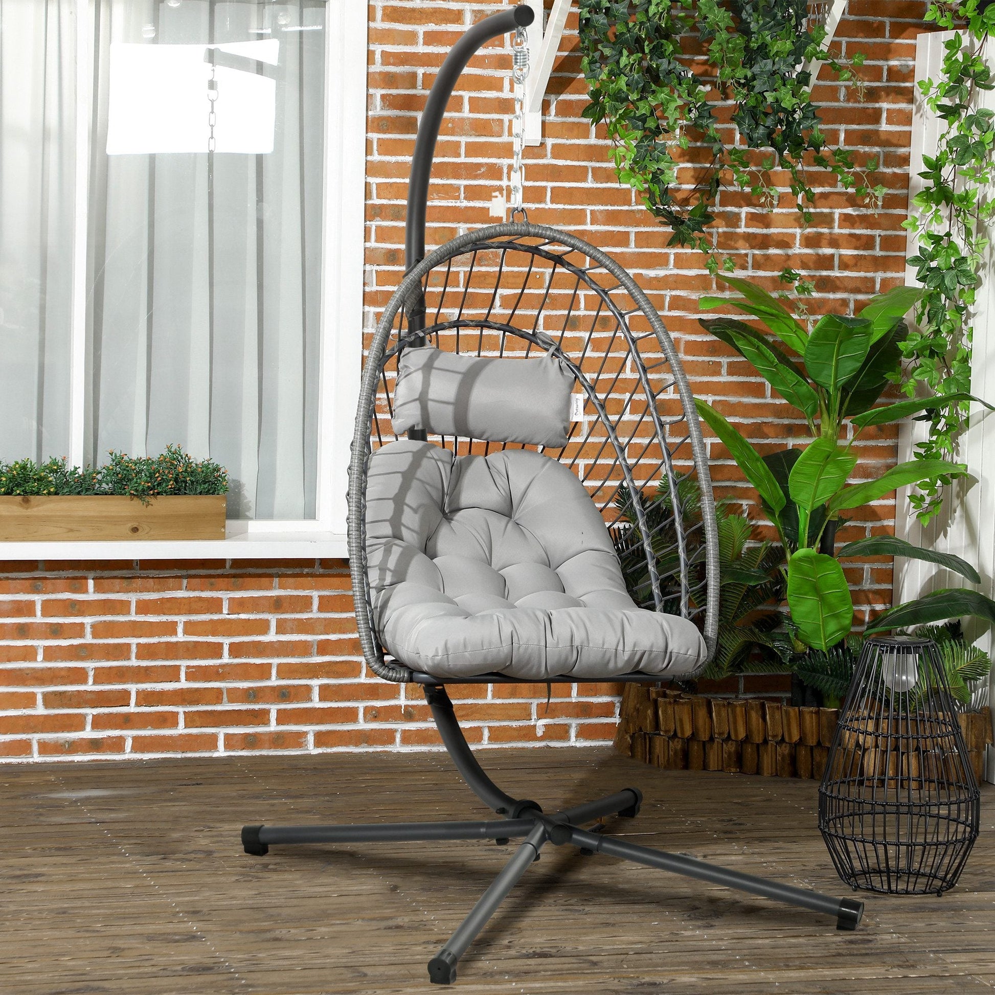 Outdoor Rattan Swing Chair with Foldable Basket and Cushion, Garden Patio Hanging Egg Chair with Metal Stand, Headrest for Indoor and Outdoor, Light Grey