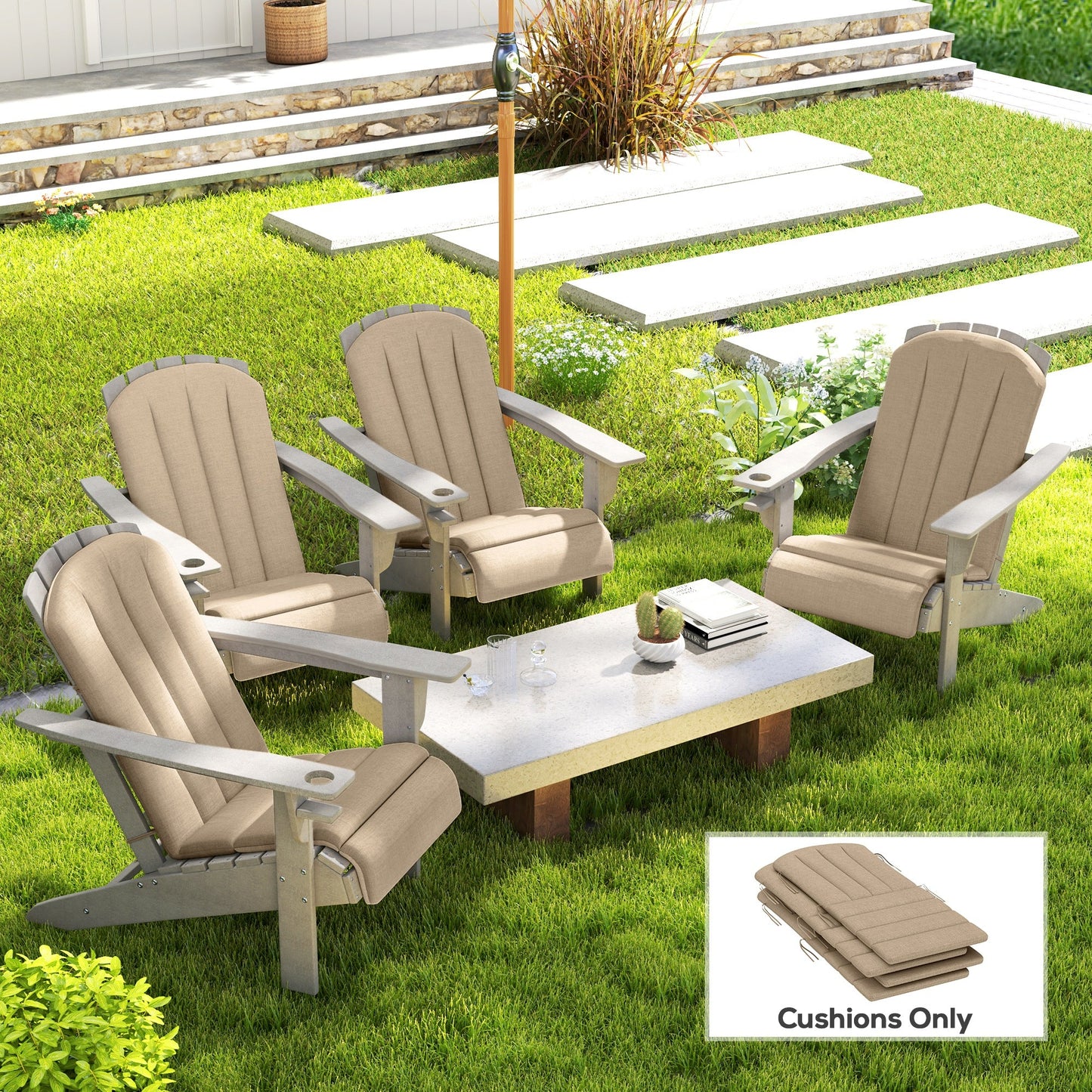 Adirondack Chair Cushion Set of 4, Outdoor Chair Cushions, High Back Patio Chair Cushions with Ties, Non-Slip Replacement Seat Cushion for Patio Furniture, Beige
