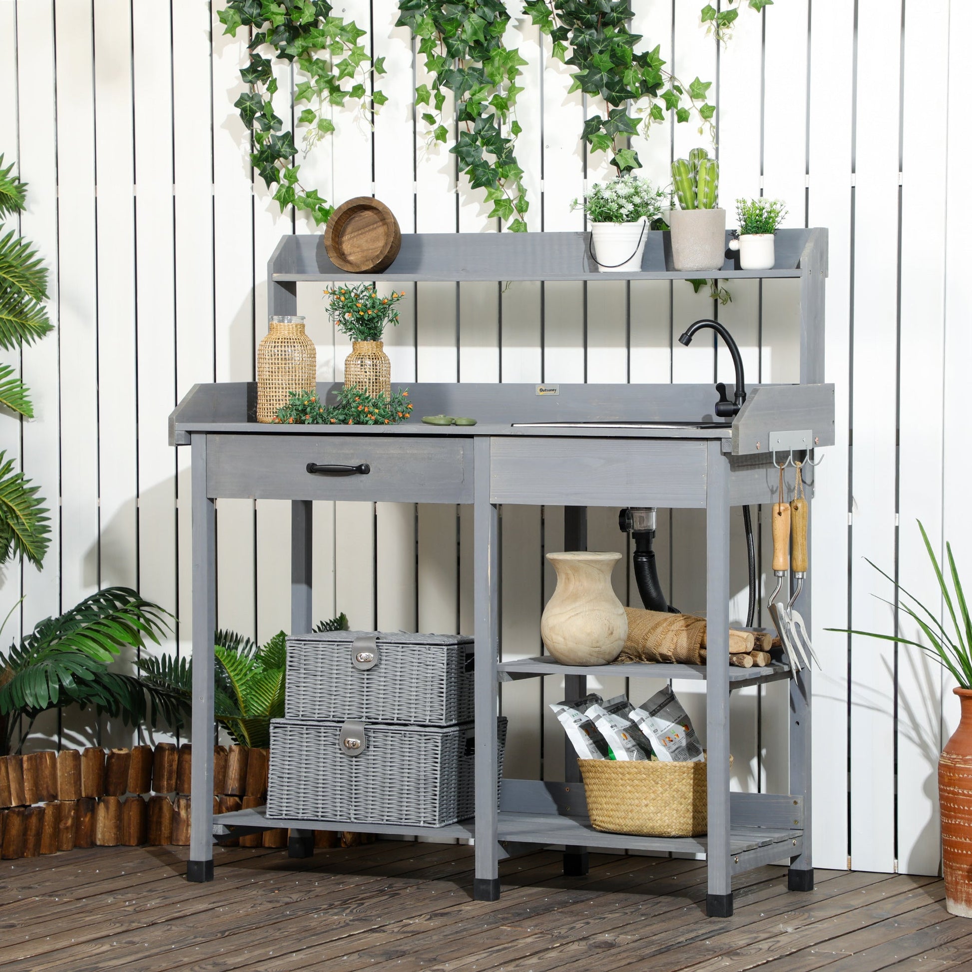 Potting Bench Table Garden Work Bench Workstation with Drawer, Removable Sink, Storage Shelves and Hooks for Patio, Courtyards, Balcony