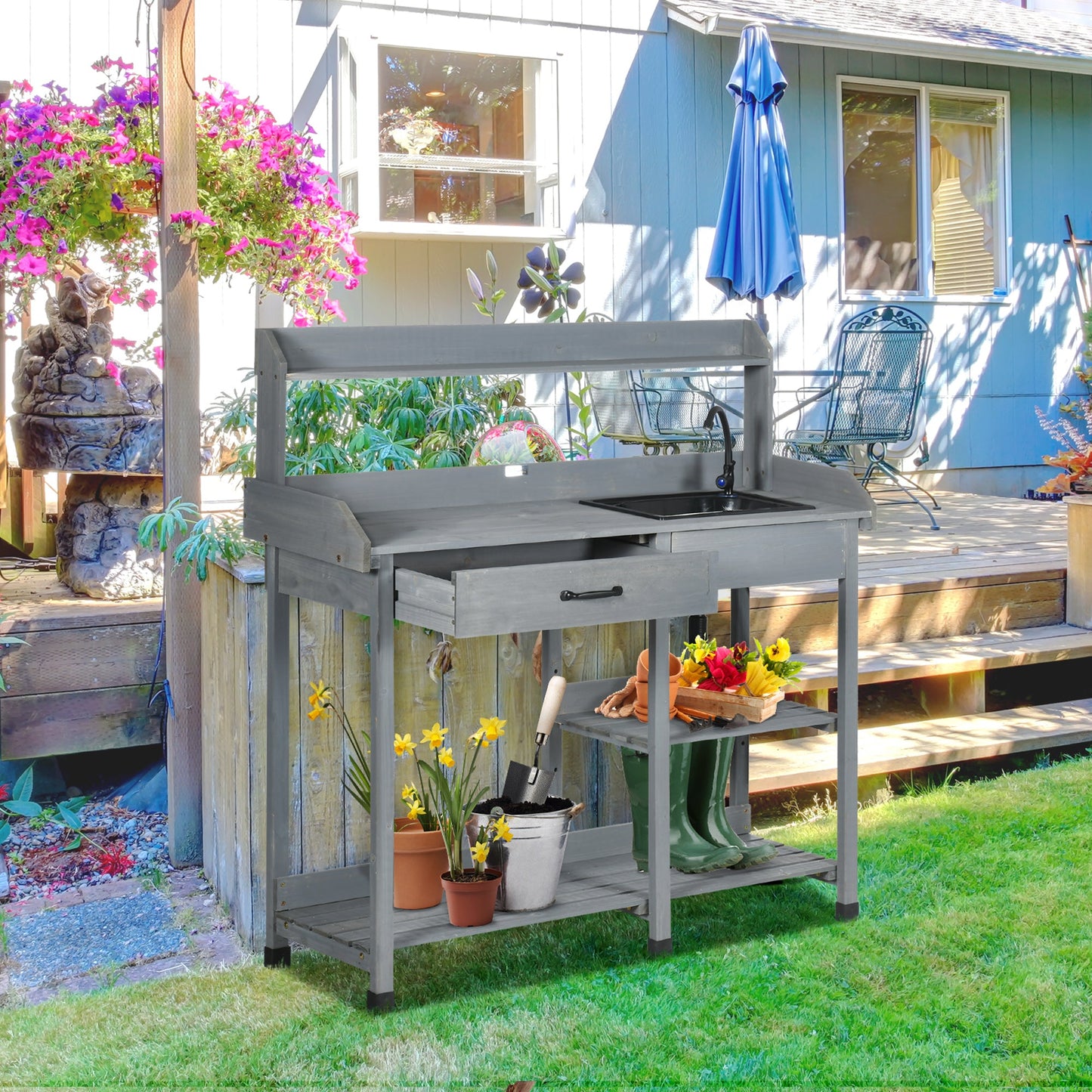 Potting Bench Table Garden Work Bench Workstation with Drawer, Removable Sink, Storage Shelves and Hooks for Patio, Courtyards, Balcony