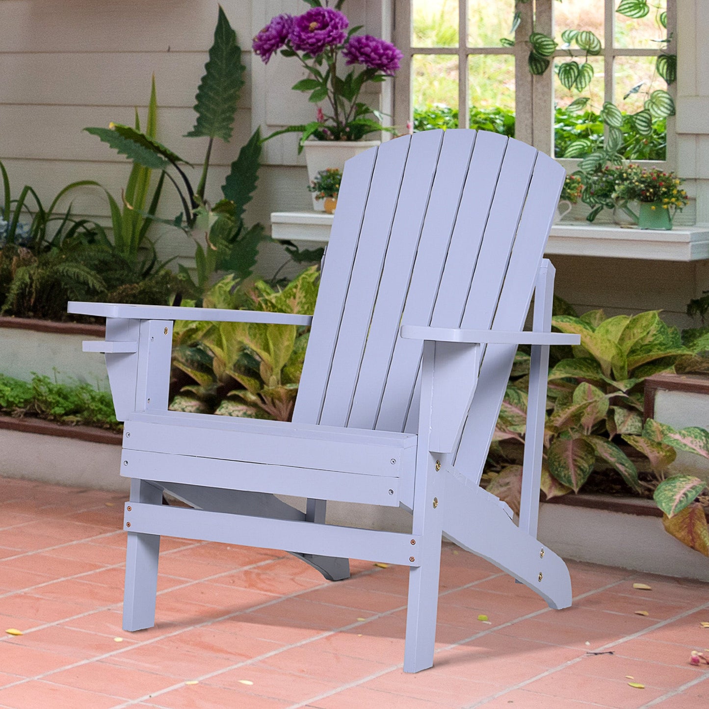 Classic Adirondack Chair Muskoka Chair, Garden Deck Chair with Cup Holder for Patio, Indoor, Backyard, Grey