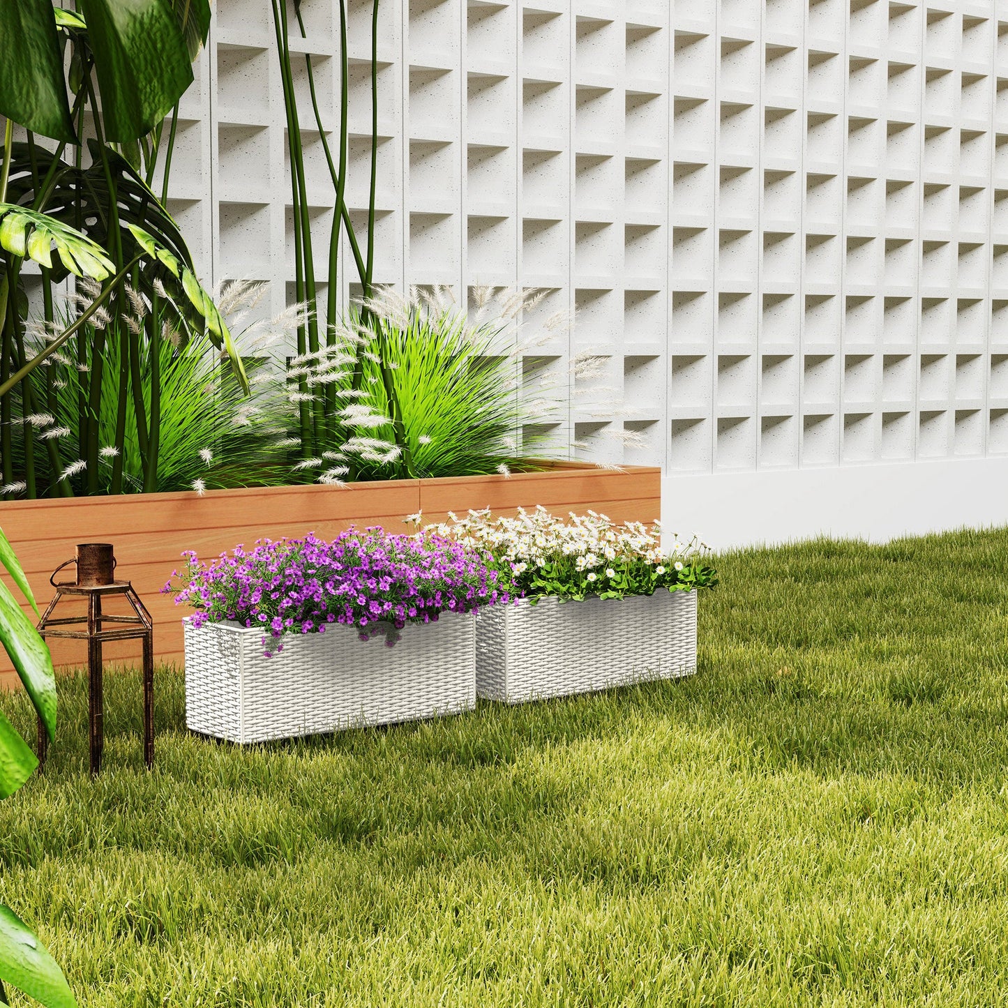 2 Pack Railing Planter Box, 20 Inch Hanging Flower Pots with Hooks and Drainage Hole, Rectangular Planters for Fence, Balcony, Garden, Patio, Rattan Look, White