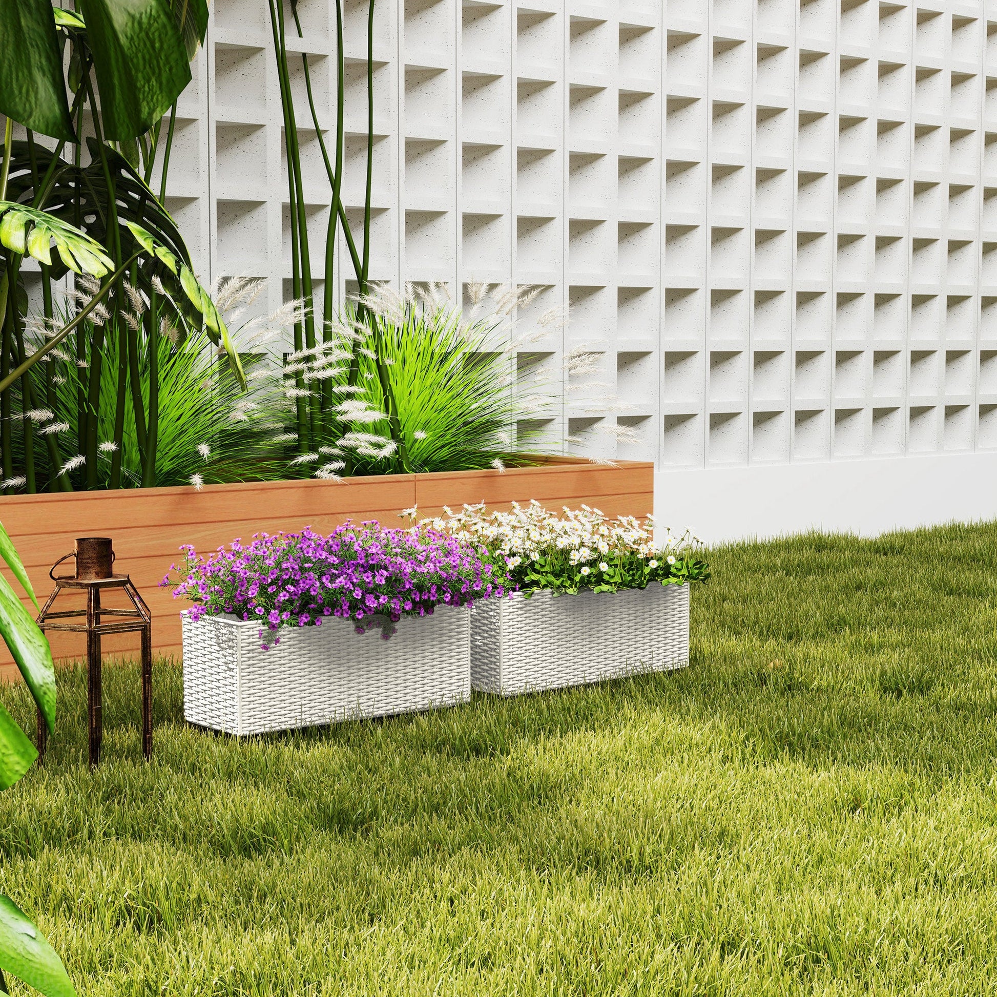 2 Pack Railing Planter Box, 20 Inch Hanging Flower Pots with Hooks and Drainage Hole, Rectangular Planters for Fence, Balcony, Garden, Patio, Rattan Look, White