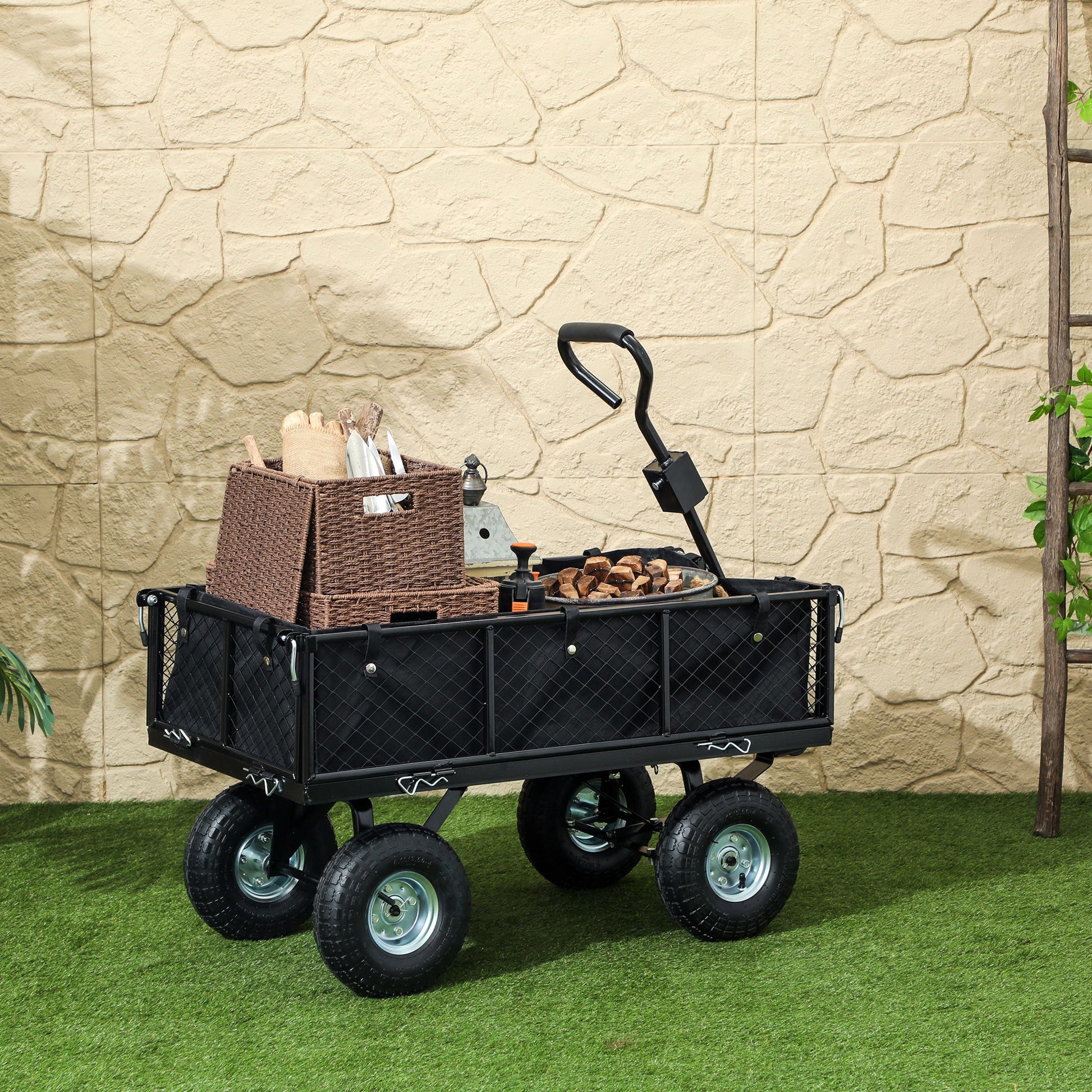 Heavy Duty Garden Cart, 660lbs Capacity Utility Wagon Cart with Removable Liner, Quick-Release Sides, 10" Pneumatic Wheels, 180° Rotating Handle for Beach Lawn Yard