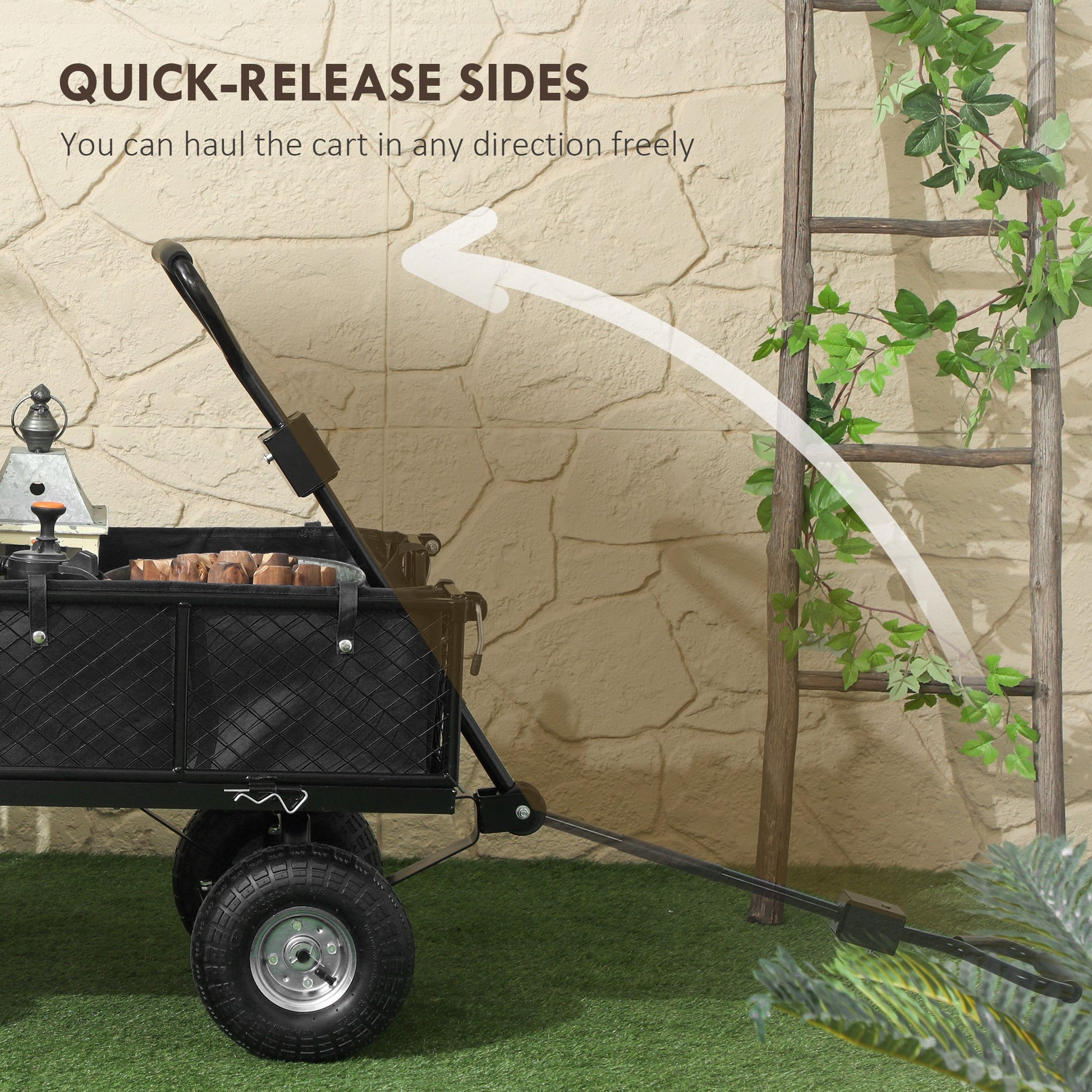 Heavy Duty Garden Cart, 660lbs Capacity Utility Wagon Cart with Removable Liner, Quick-Release Sides, 10" Pneumatic Wheels, 180° Rotating Handle for Beach Lawn Yard