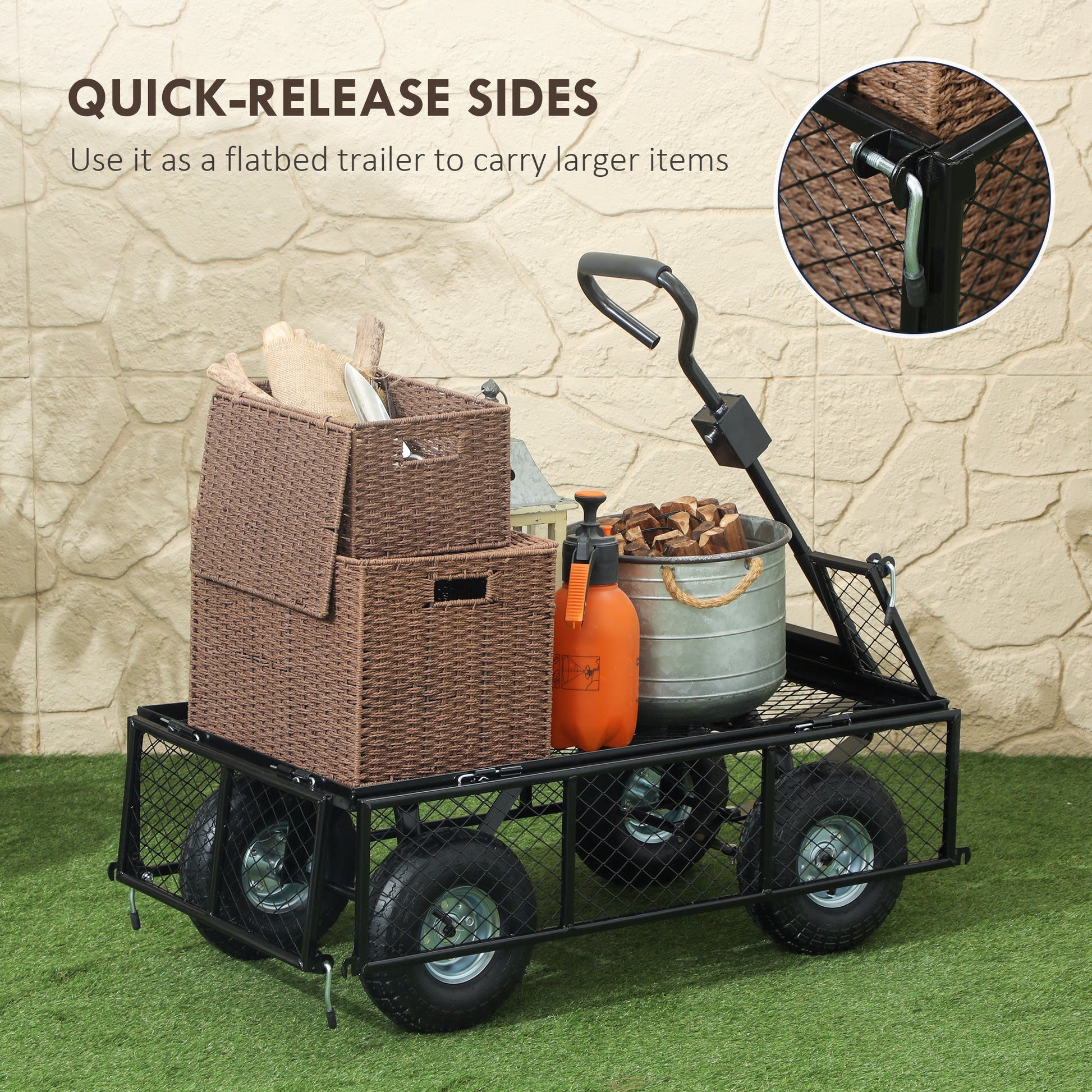 Heavy Duty Garden Cart, 660lbs Capacity Utility Wagon Cart with Removable Liner, Quick-Release Sides, 10" Pneumatic Wheels, 180° Rotating Handle for Beach Lawn Yard