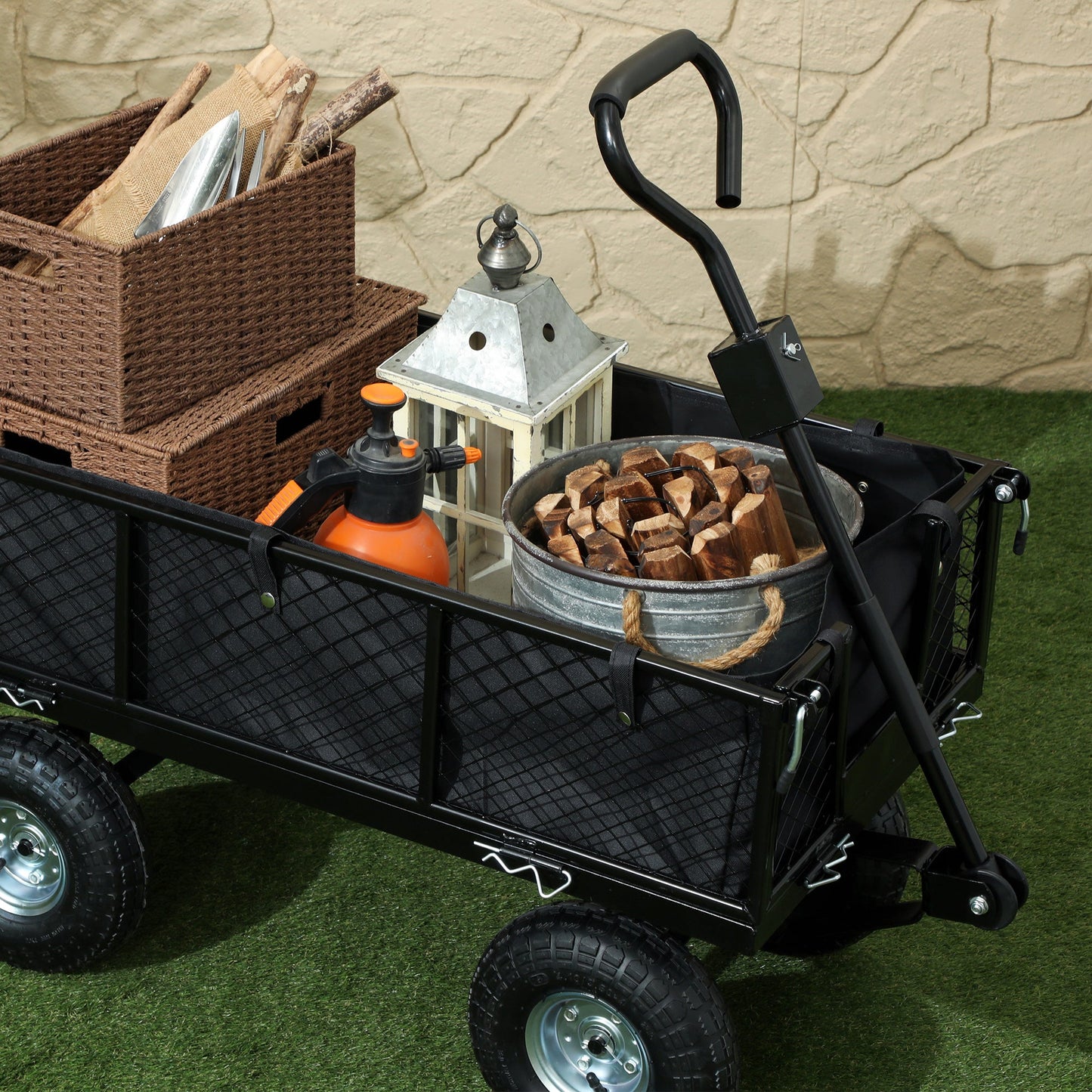 Heavy Duty Garden Cart, 660lbs Capacity Utility Wagon Cart with Removable Liner, Quick-Release Sides, 10" Pneumatic Wheels, 180° Rotating Handle for Beach Lawn Yard