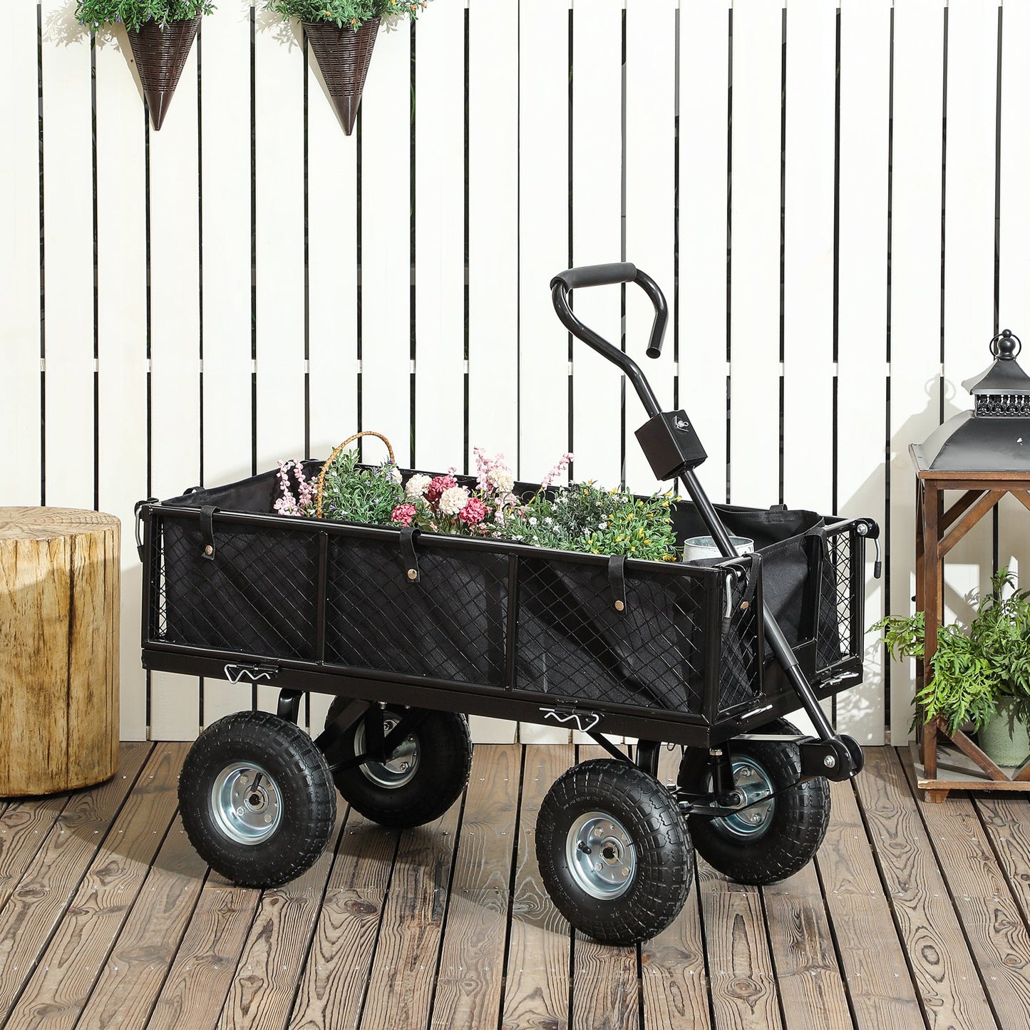 Heavy Duty Garden Cart, 660lbs Capacity Utility Wagon Cart with Removable Liner, Quick-Release Sides, 10" Pneumatic Wheels, 180° Rotating Handle for Beach Lawn Yard
