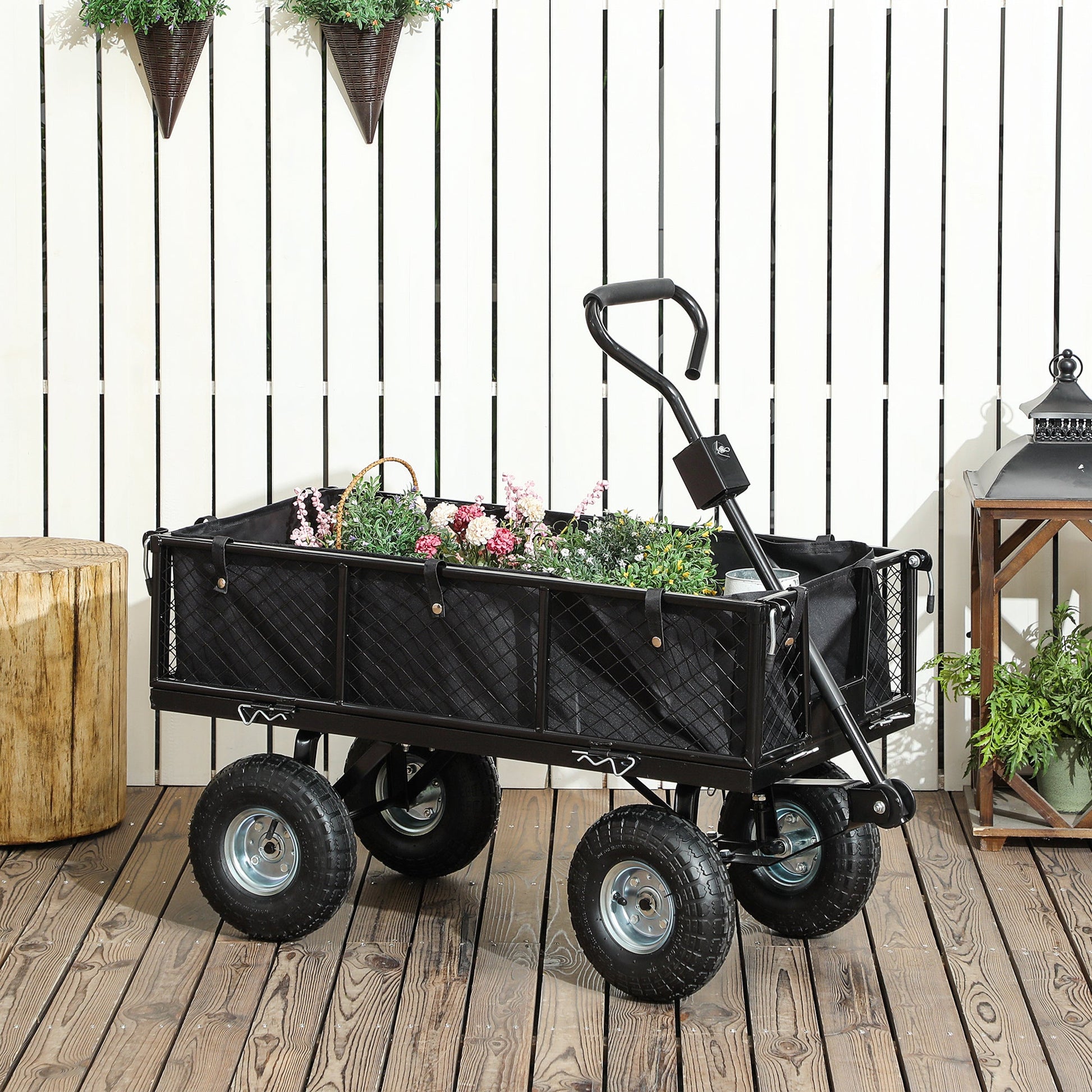 Heavy Duty Garden Cart, 660lbs Capacity Utility Wagon Cart with Removable Liner, Quick-Release Sides, 10" Pneumatic Wheels, 180° Rotating Handle for Beach Lawn Yard