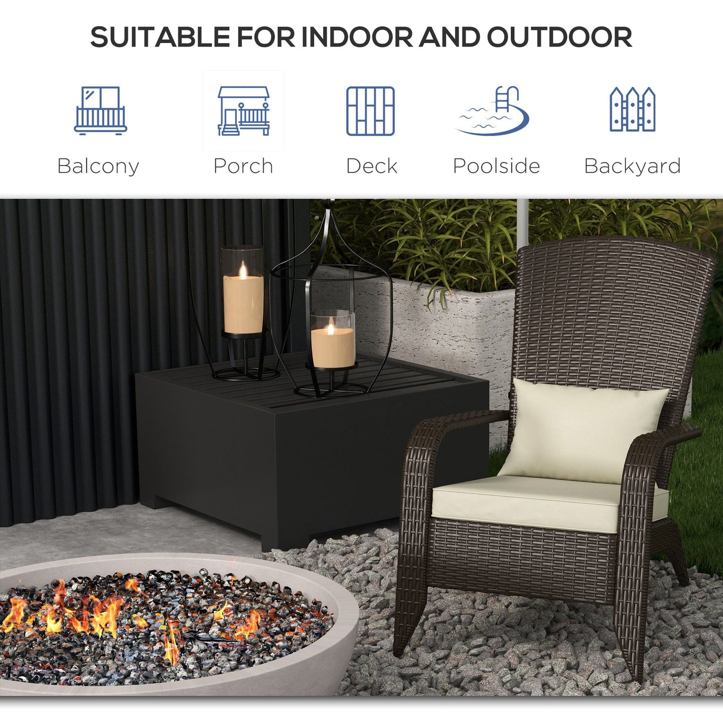 Patio Wicker Adirondack Chair, PE Rattan Outdoor Muskoka Chair, Fire Pit Chair with Cushions for Patio, Garden, Backyard, Poolside, Balcony, Deck, Khaki