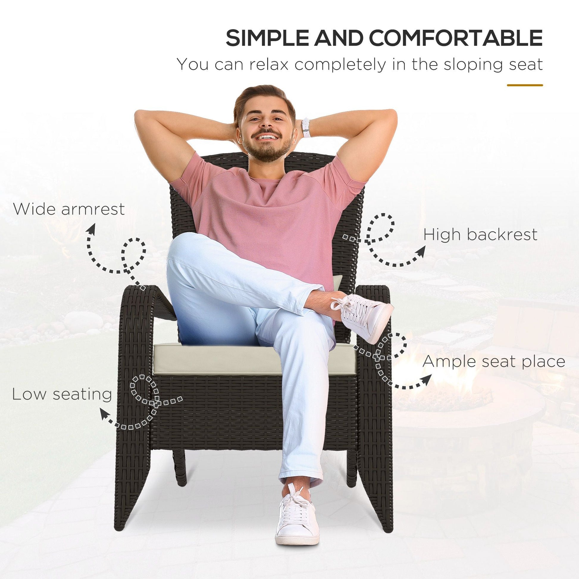 Patio Wicker Adirondack Chair, PE Rattan Outdoor Muskoka Chair, Fire Pit Chair with Cushions for Patio, Garden, Backyard, Poolside, Balcony, Deck, Khaki