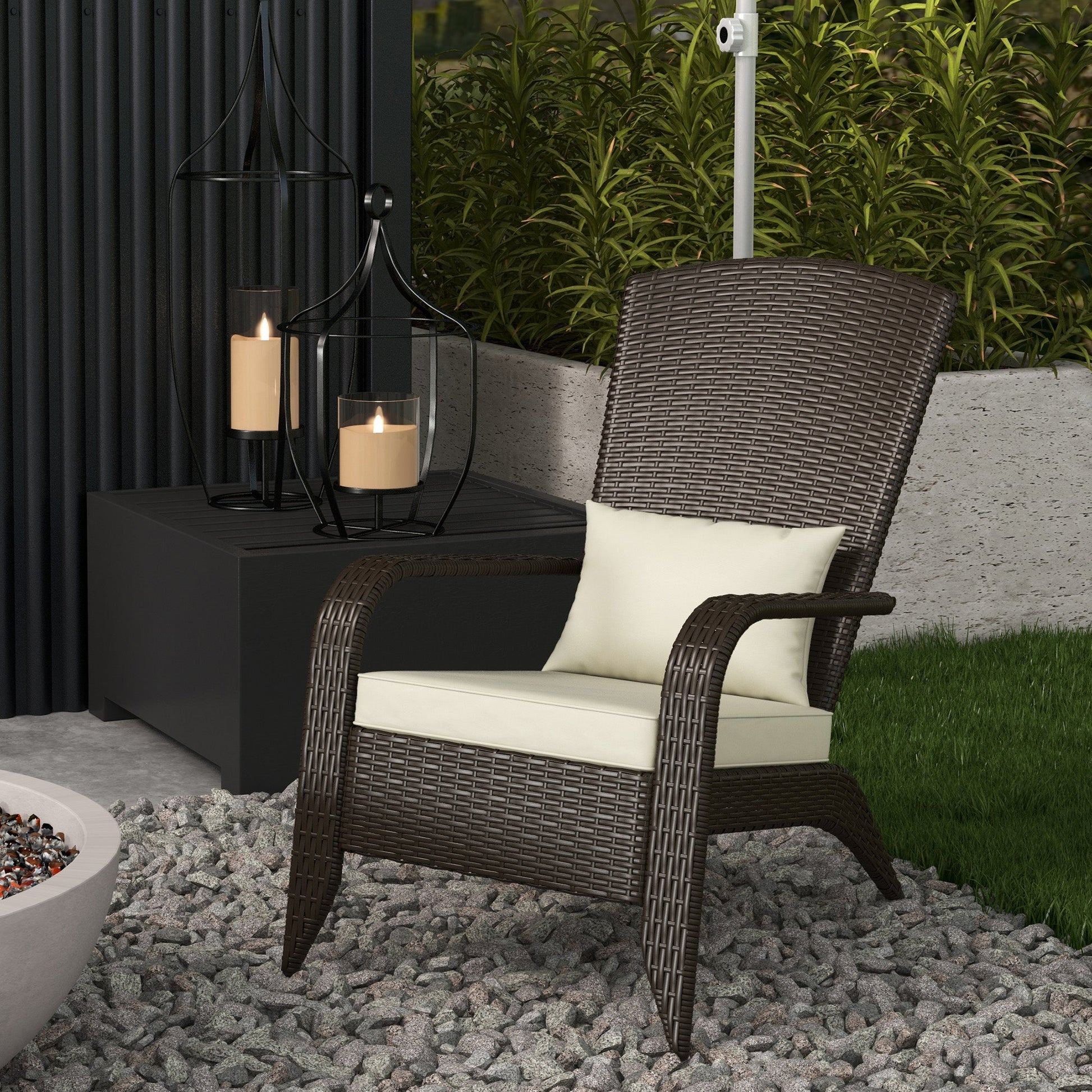 Patio Wicker Adirondack Chair, PE Rattan Outdoor Muskoka Chair, Fire Pit Chair with Cushions for Patio, Garden, Backyard, Poolside, Balcony, Deck, Khaki