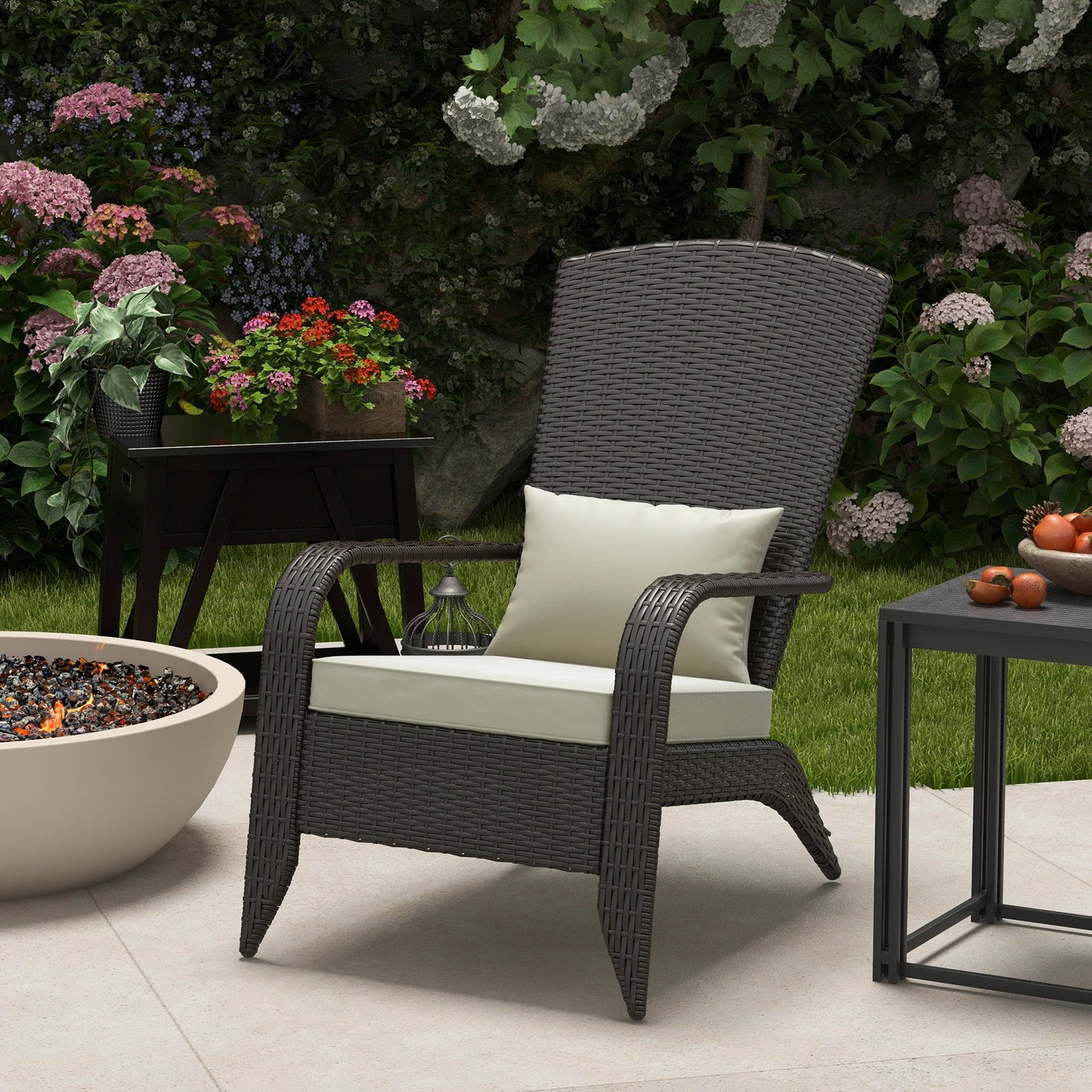 Patio Wicker Adirondack Chair, PE Rattan Outdoor Muskoka Chair, Fire Pit Chair with Cushions for Patio, Garden, Backyard, Poolside, Balcony, Deck, Khaki