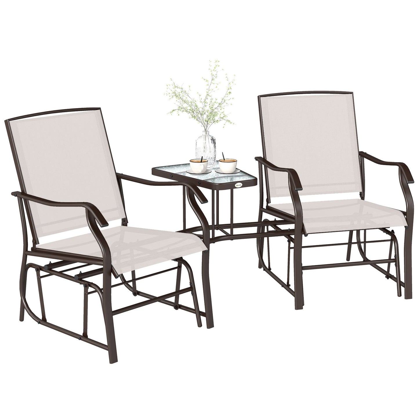 Double Patio Glider Chair with Glass Top Center Table, Outdoor Glider Loveseat with High Back,  All Weather Breathable Mesh Fabric for Garden, Backyard, Deck, Beige