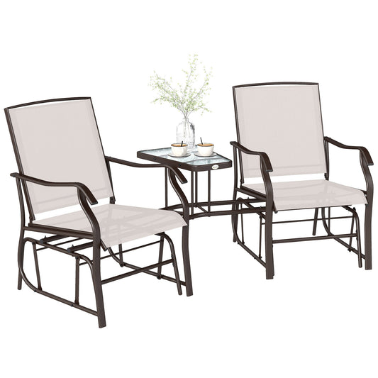 Double Patio Glider Chair with Glass Top Center Table, Outdoor Glider Loveseat with High Back,  All Weather Breathable Mesh Fabric for Garden, Backyard, Deck, Beige
