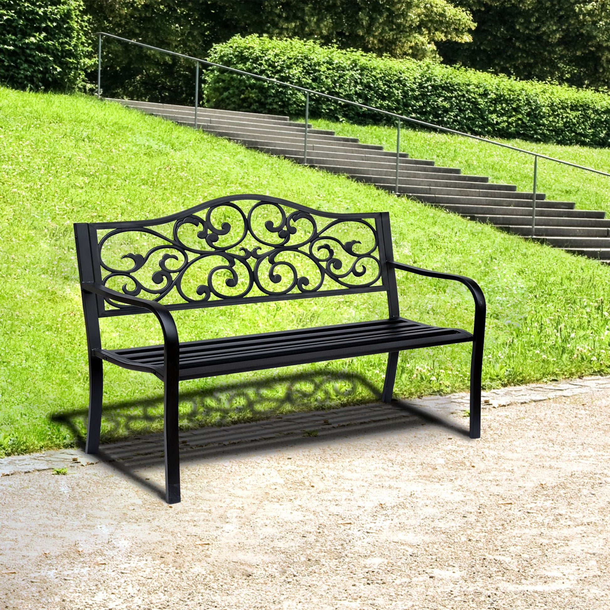 50" Garden Bench Outdoor Loveseat with Vintage Floral Pattern Cast Metal - Black