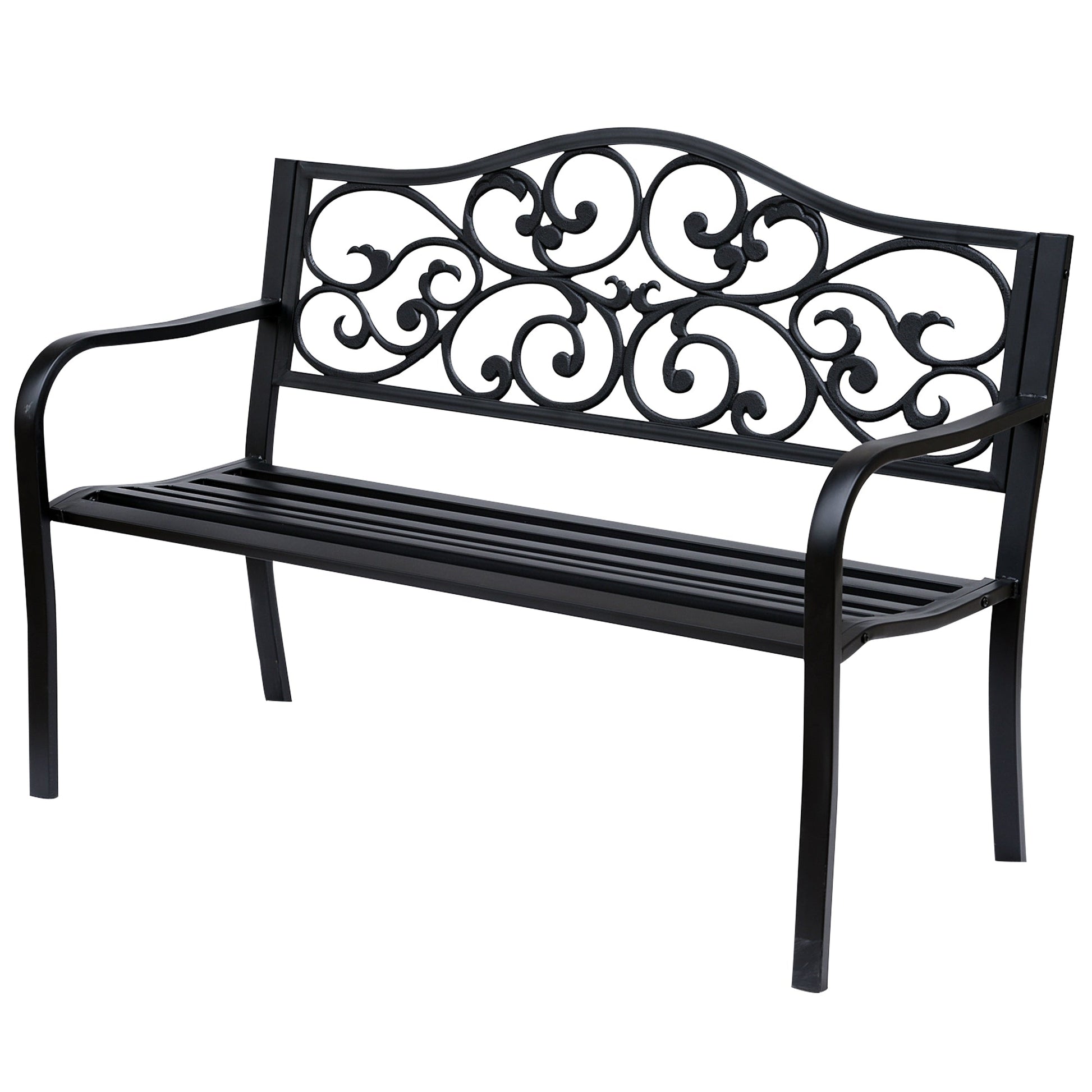 50" Garden Bench Outdoor Loveseat with Vintage Floral Pattern Cast Metal - Black