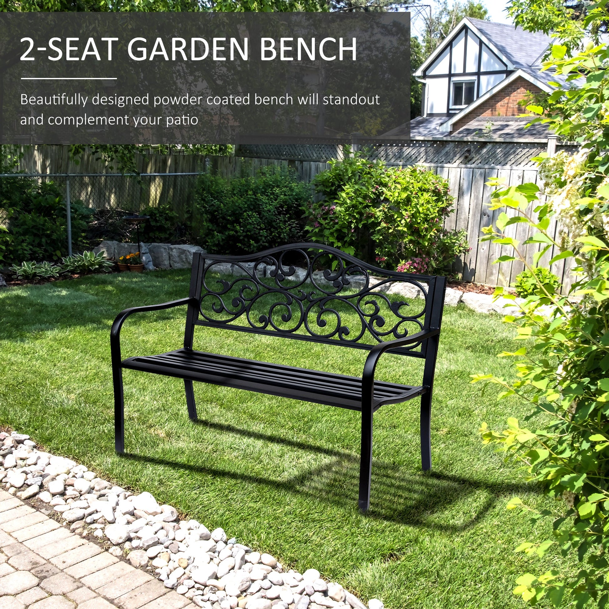 50" Garden Bench Outdoor Loveseat with Vintage Floral Pattern Cast Metal - Black