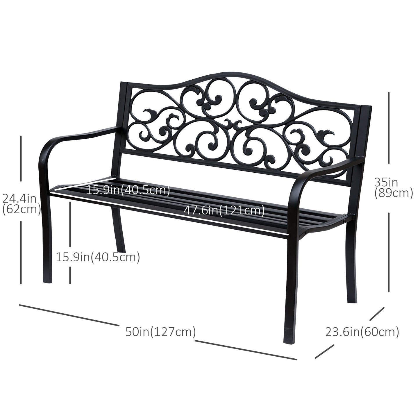 50" Garden Bench Outdoor Loveseat with Vintage Floral Pattern Cast Metal - Black