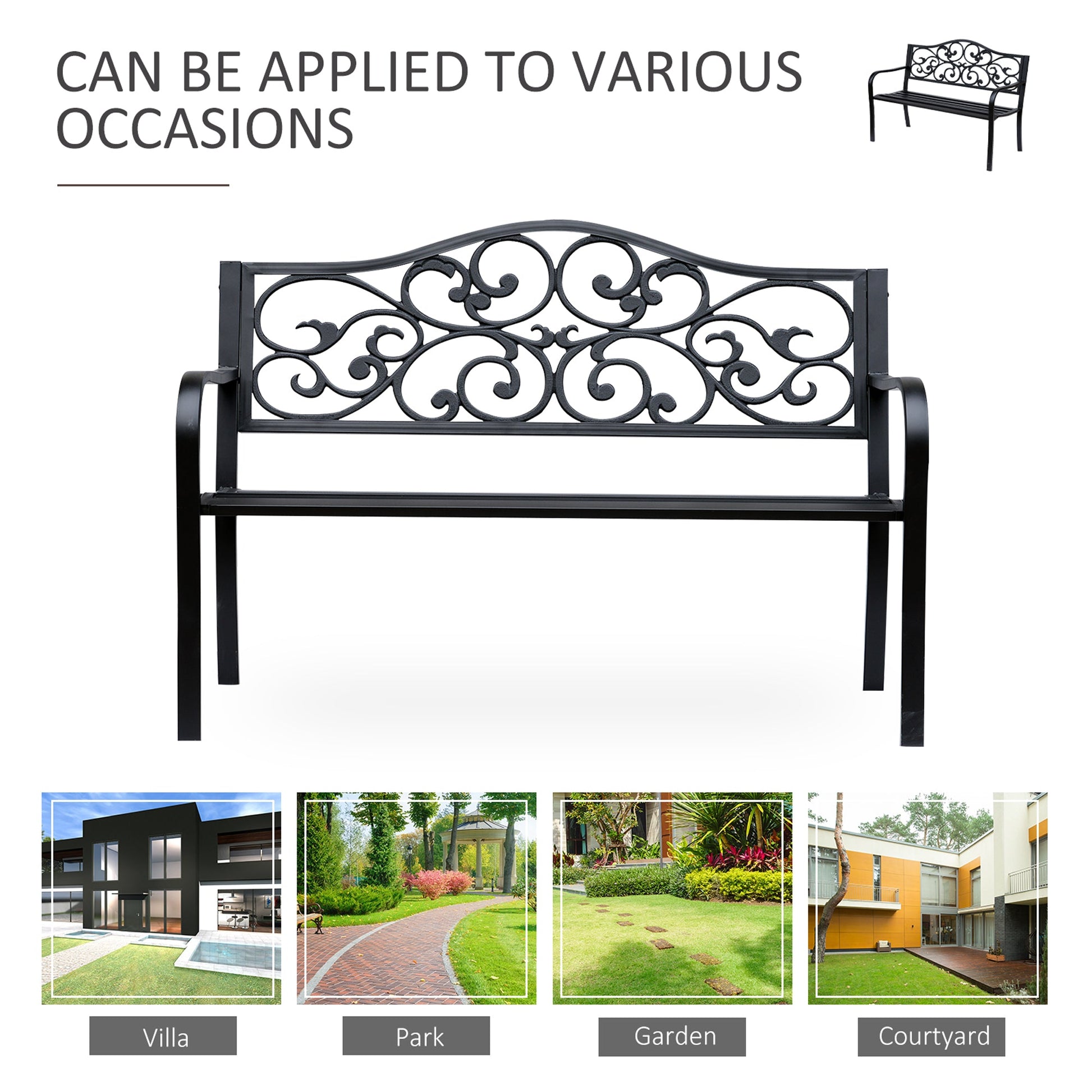 50" Garden Bench Outdoor Loveseat with Vintage Floral Pattern Cast Metal - Black