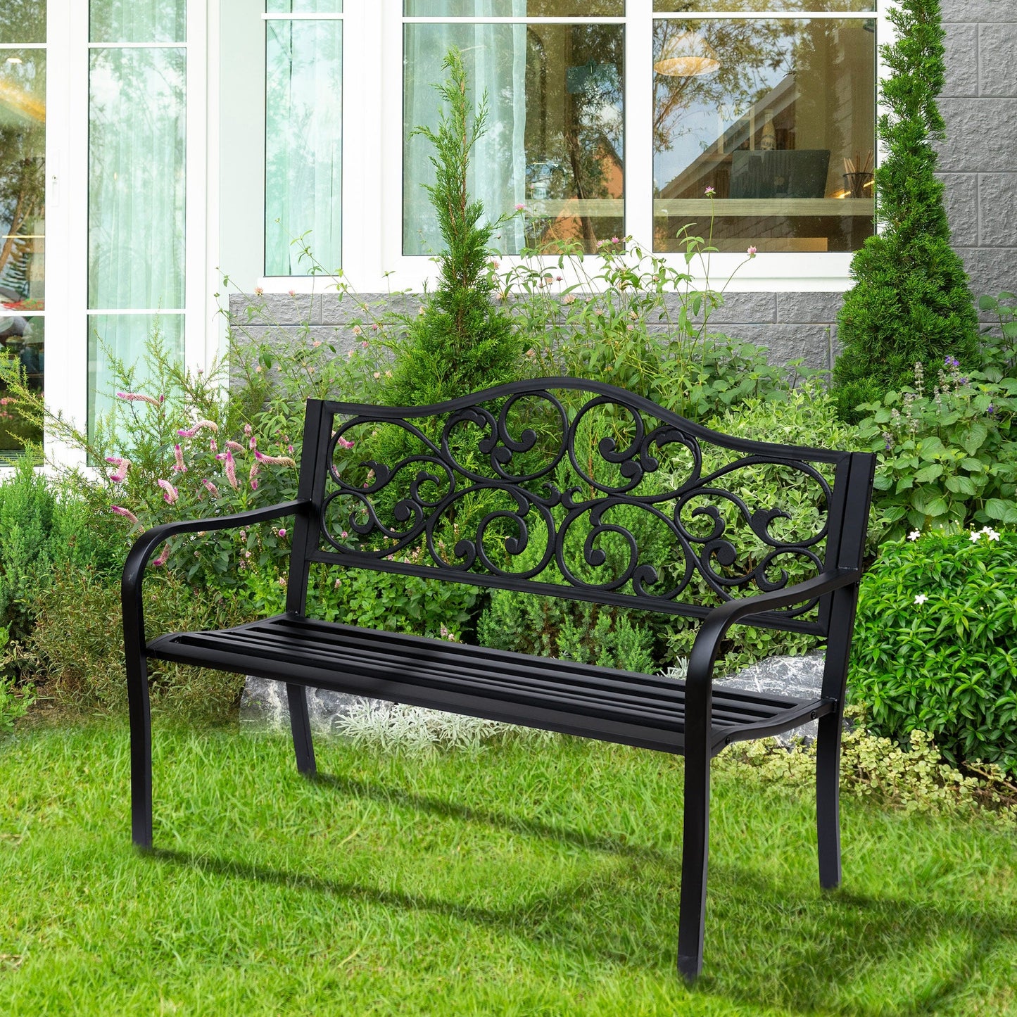 50" Garden Bench Outdoor Loveseat with Vintage Floral Pattern Cast Metal - Black