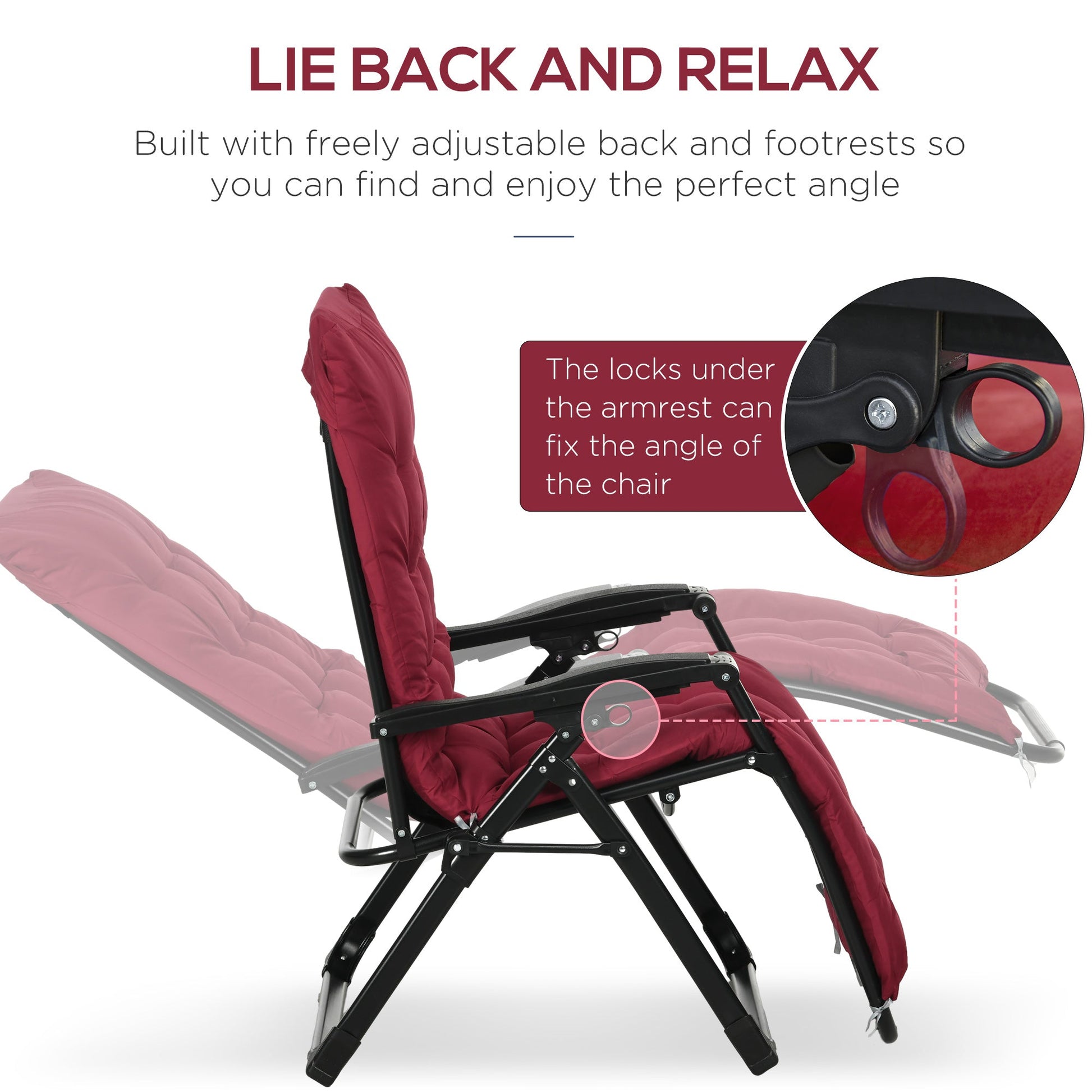 Reclining Zero Gravity Chair with Adjustable Backrest, Folding Garden Sun Lounger with Removable Cushion and Headrest, Set of 2, Wine Red