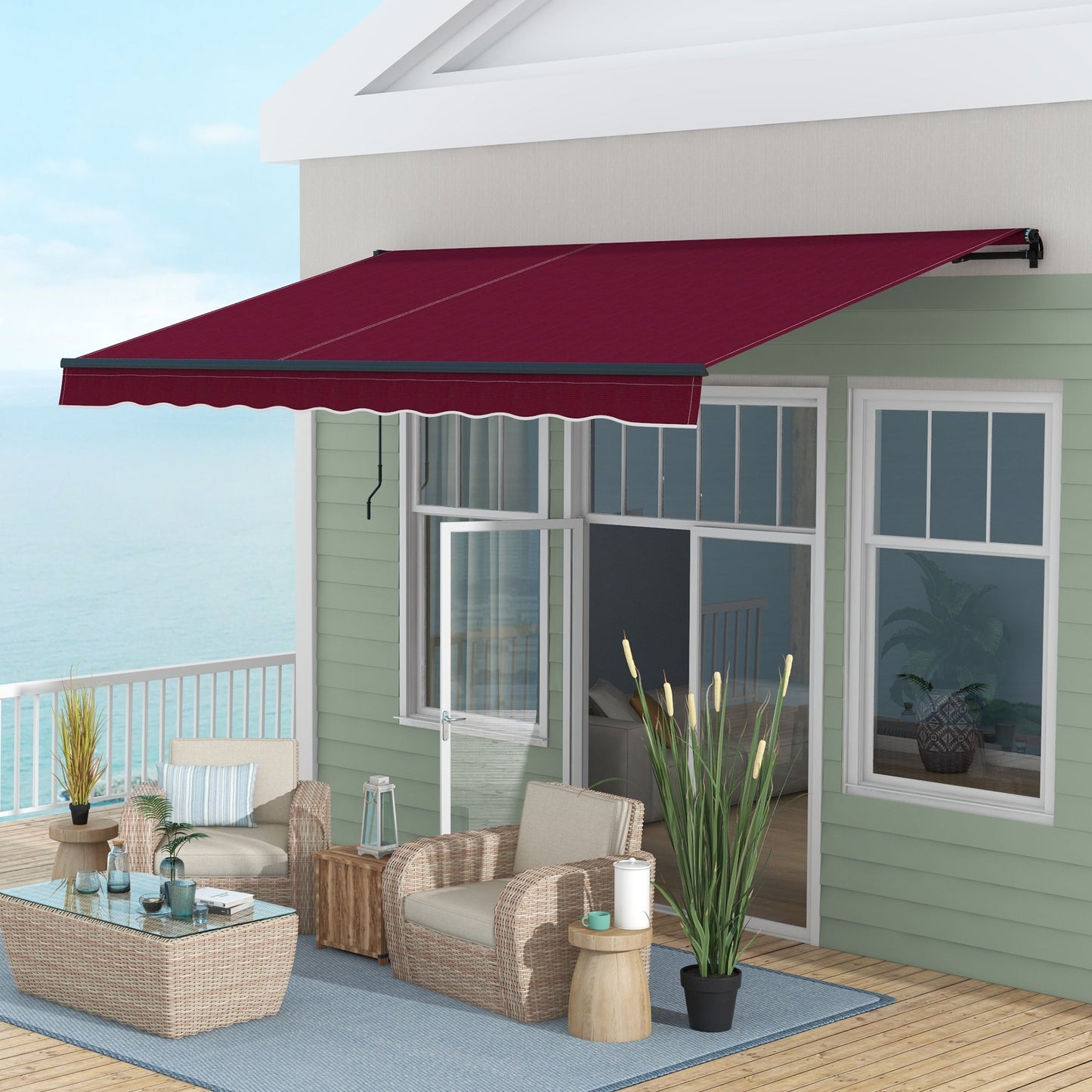  13' x 10' Retractable Awning, Patio Awning Sunshade Shelter with Manual Crank Handle, 280gsm UV Resistant Fabric and Aluminum Frame, for Balcony, Yard, Wine Red