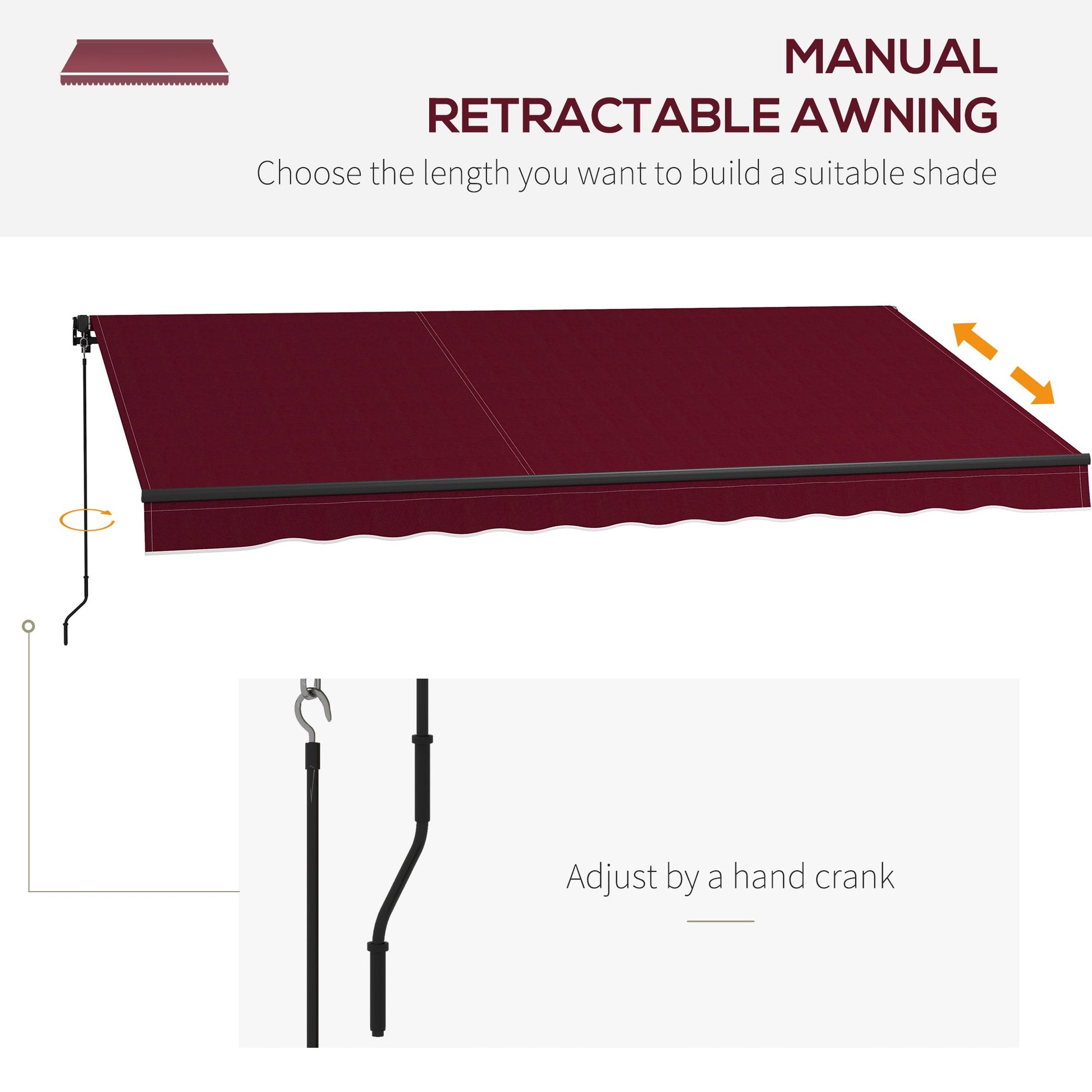  13' x 10' Retractable Awning, Patio Awning Sunshade Shelter with Manual Crank Handle, 280gsm UV Resistant Fabric and Aluminum Frame, for Balcony, Yard, Wine Red