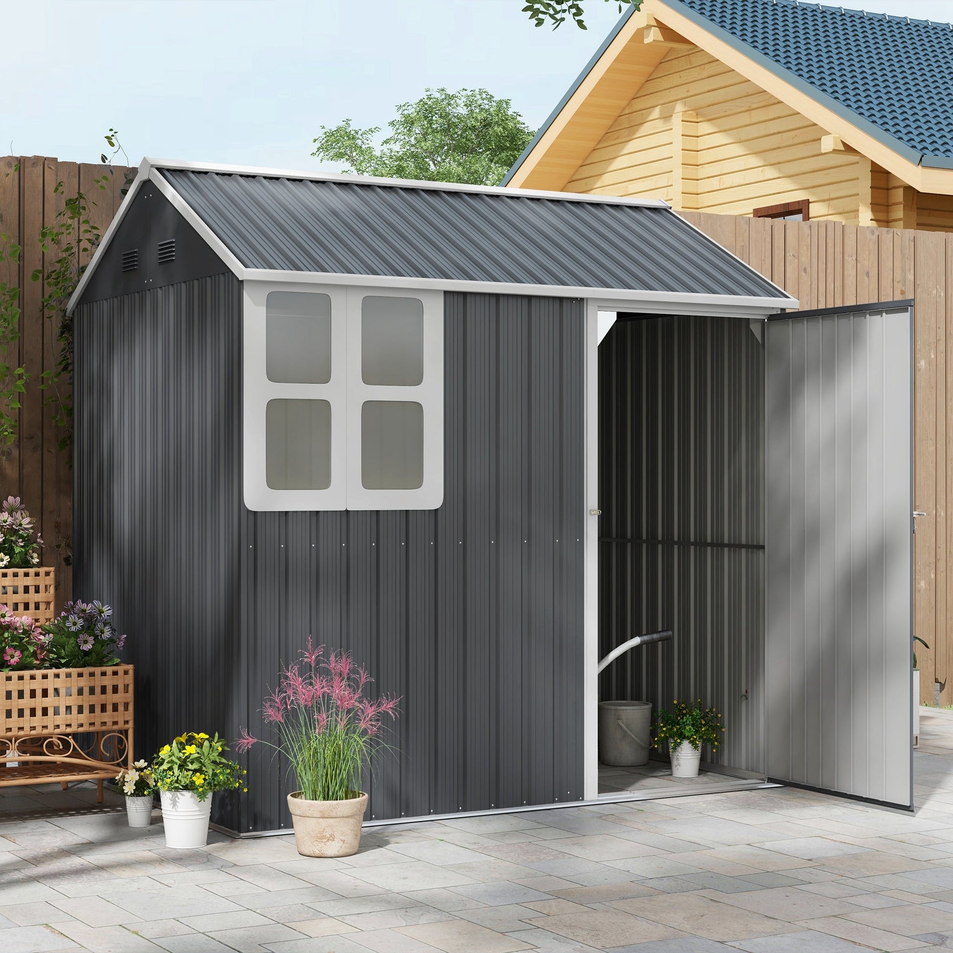 7' x 5.5' Outdoor Storage Shed, Metal Garden Shed Storage House with Window, Lockable Door, Vents, for Backyard, Patio, Lawn, Dark Grey