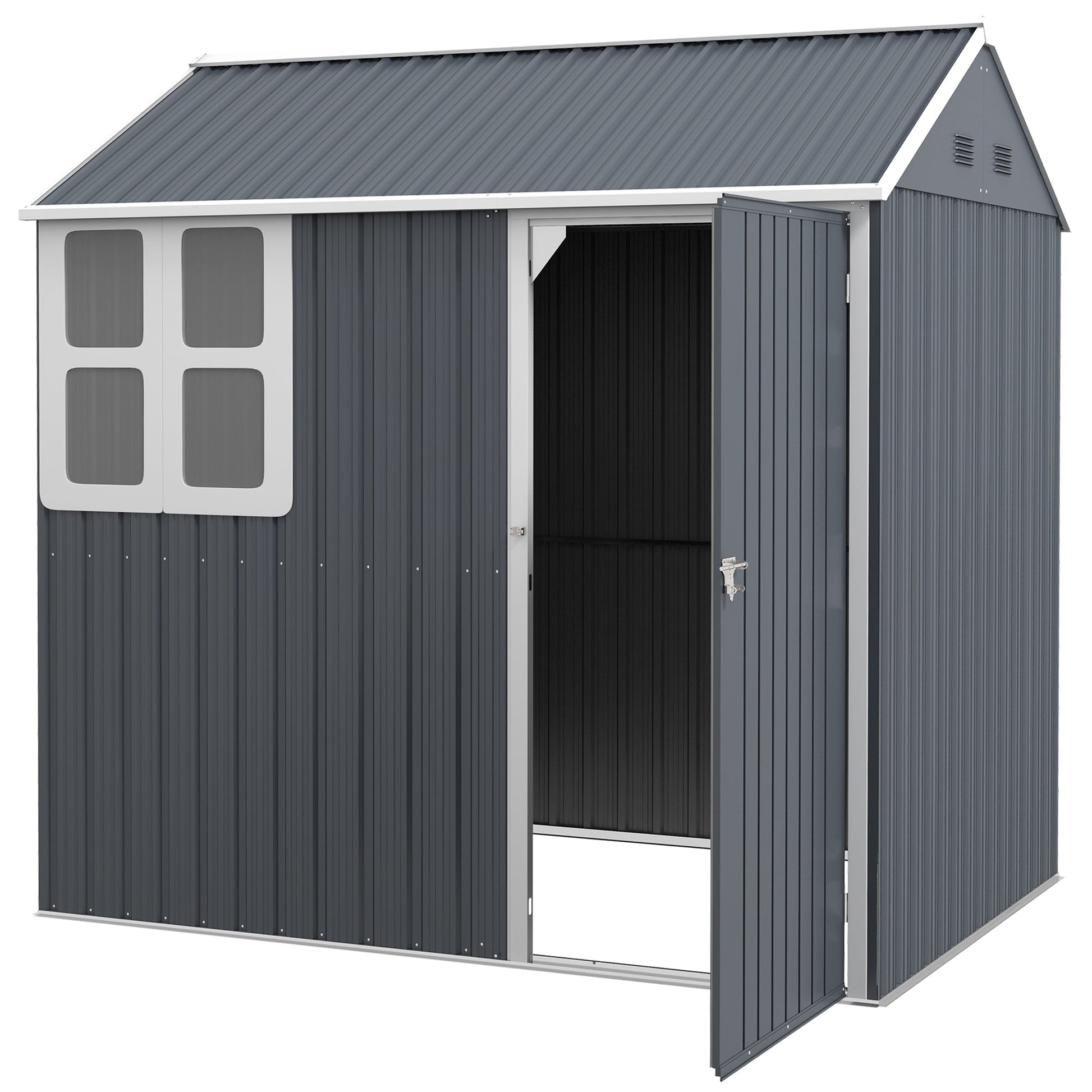 7' x 5.5' Outdoor Storage Shed, Metal Garden Shed Storage House with Window, Lockable Door, Vents, for Backyard, Patio, Lawn, Dark Grey
