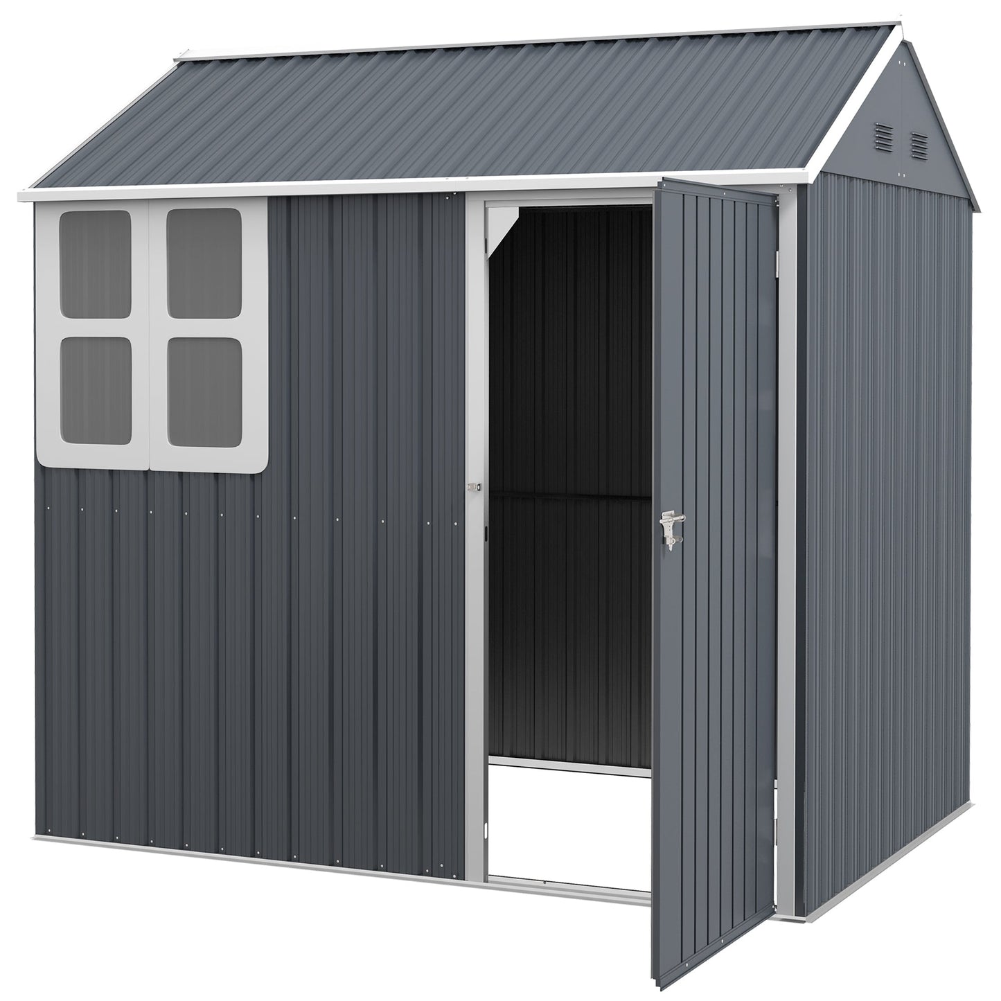 7' x 5.5' Outdoor Storage Shed, Metal Garden Shed Storage House with Window, Lockable Door, Vents, for Backyard, Patio, Lawn, Dark Grey