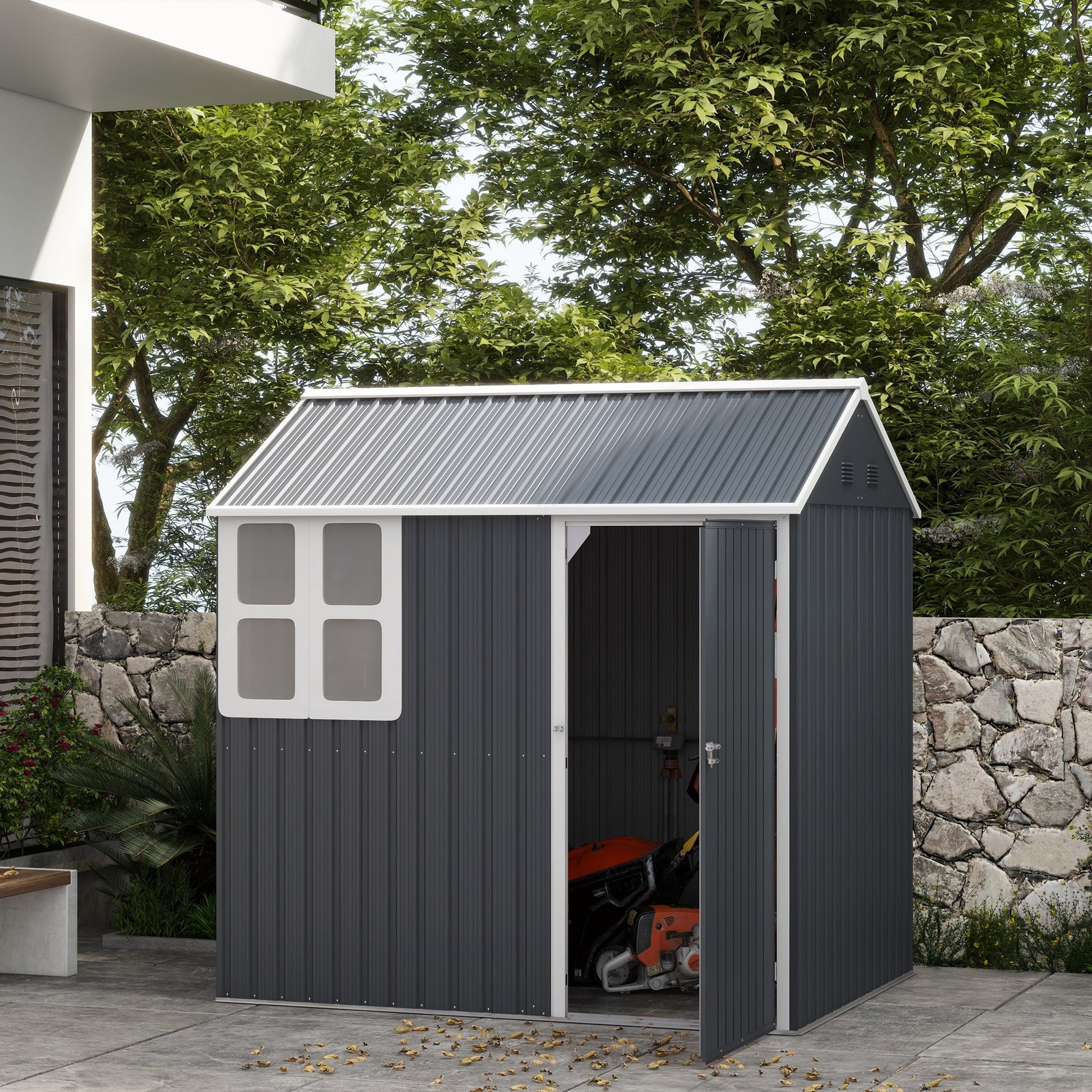 7' x 5.5' Outdoor Storage Shed, Metal Garden Shed Storage House with Window, Lockable Door, Vents, for Backyard, Patio, Lawn, Dark Grey