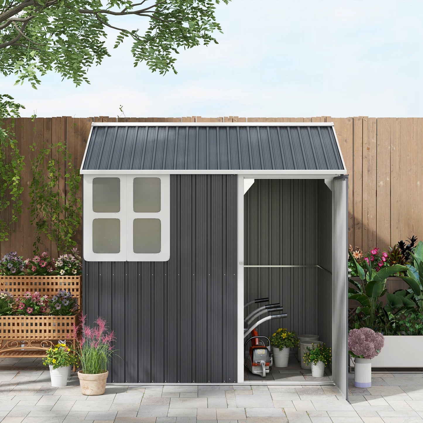7' x 5.5' Outdoor Storage Shed, Metal Garden Shed Storage House with Window, Lockable Door, Vents, for Backyard, Patio, Lawn, Dark Grey