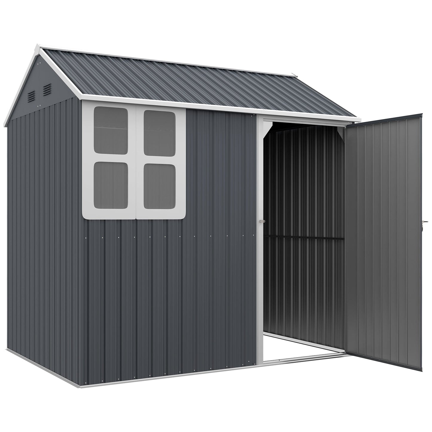 7' x 5.5' Outdoor Storage Shed, Metal Garden Shed Storage House with Window, Lockable Door, Vents, for Backyard, Patio, Lawn, Dark Grey