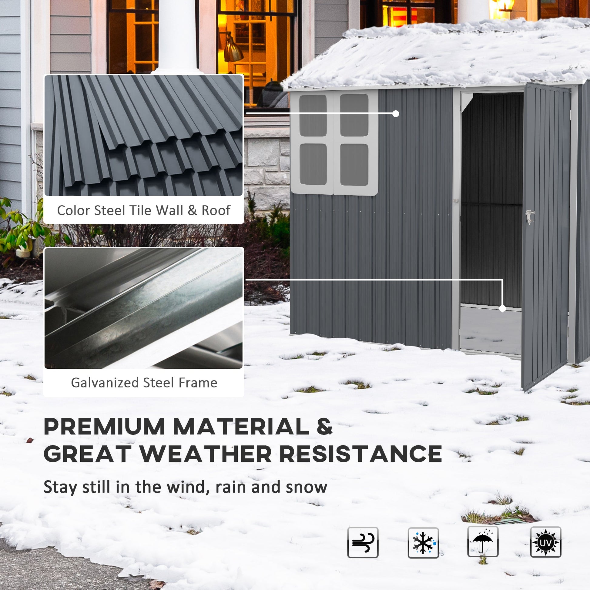 7' x 5.5' Outdoor Storage Shed, Metal Garden Shed Storage House with Window, Lockable Door, Vents, for Backyard, Patio, Lawn, Dark Grey