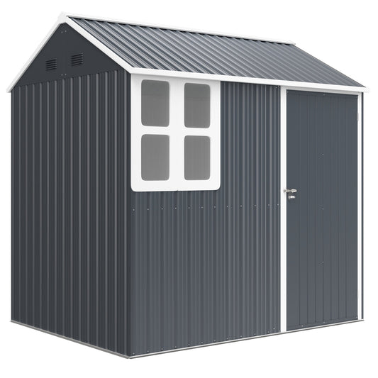 7' x 5.5' Outdoor Storage Shed, Metal Garden Shed Storage House with Window, Lockable Door, Vents, for Backyard, Patio, Lawn, Dark Grey