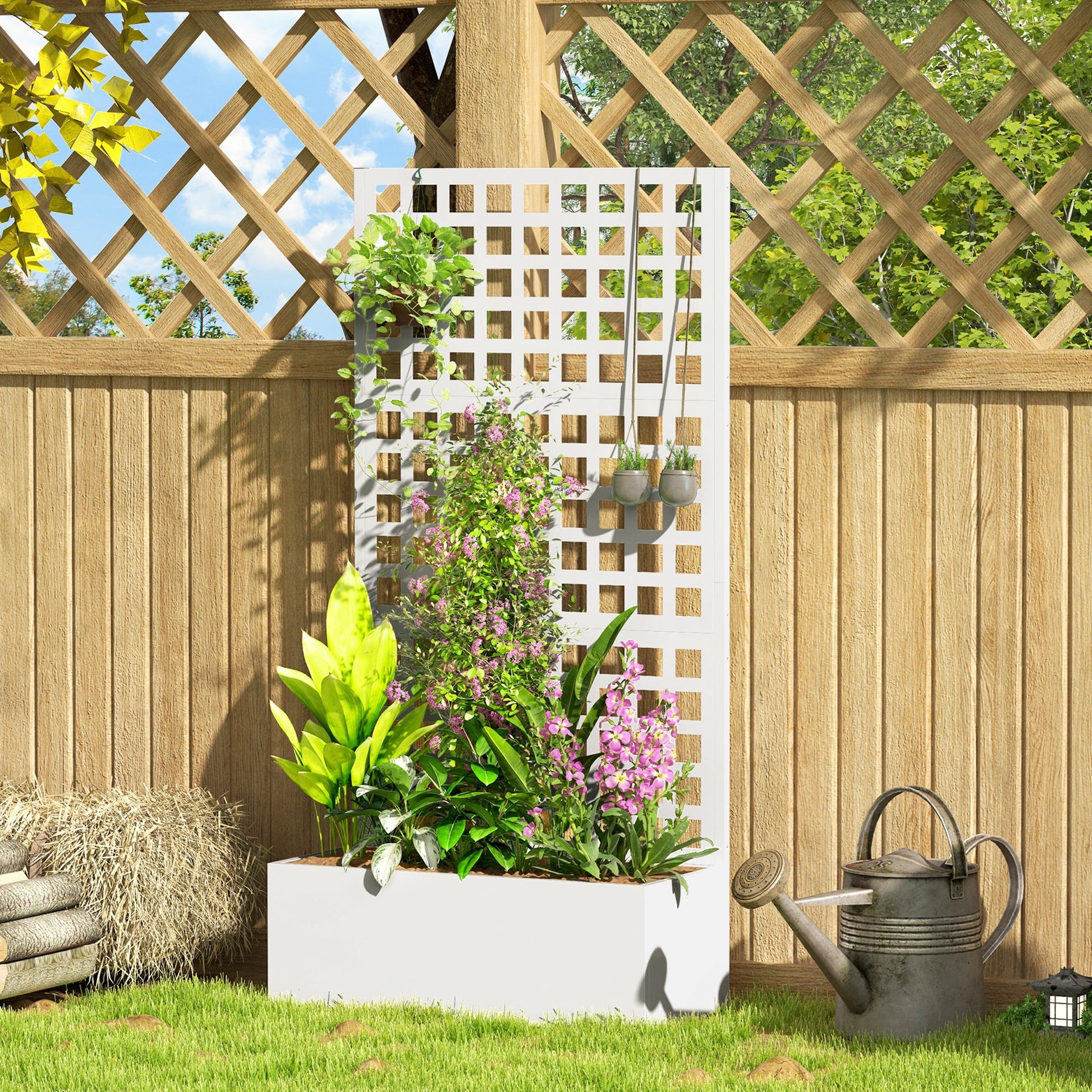 Galvanized Raised Garden Bed with Trellis, 35"x16"x70" Metal Planter Box with Drainage Holes, Outdoor Privacy Screen for Climbing Plant Vegetable Vine, White