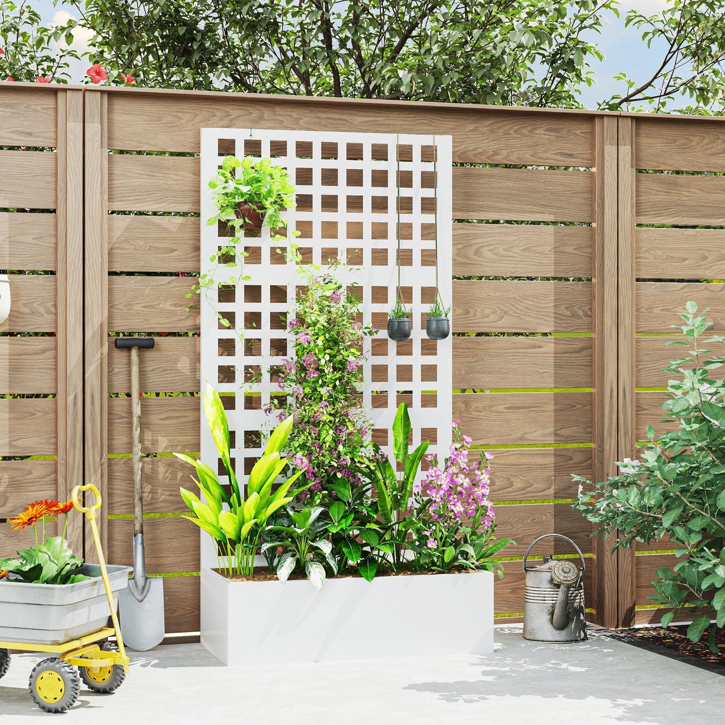 Galvanized Raised Garden Bed with Trellis, 35"x16"x70" Metal Planter Box with Drainage Holes, Outdoor Privacy Screen for Climbing Plant Vegetable Vine, White