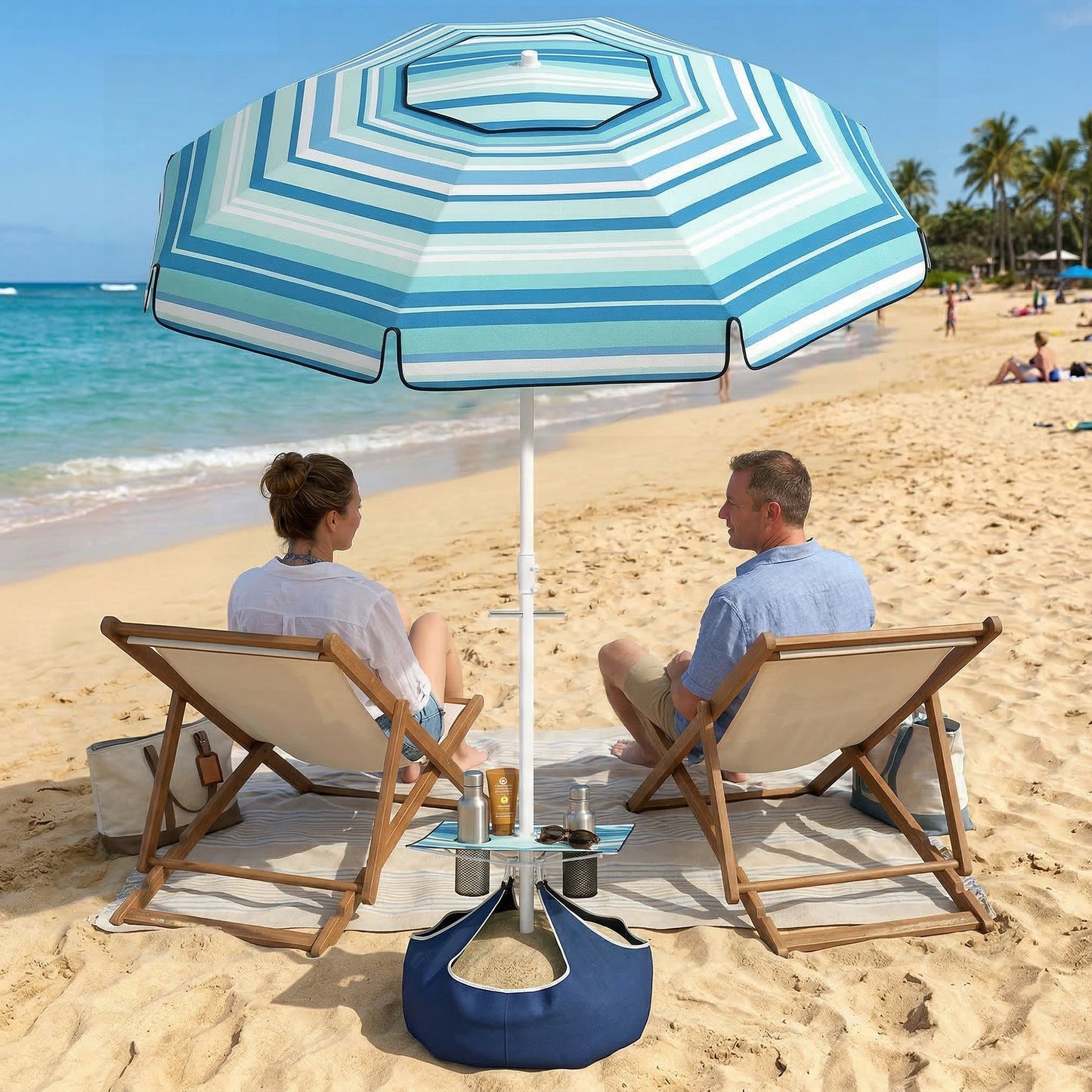 6 ft Portable Beach Umbrella with Foldable Table, Cup Holders, Tilting Outdoor Sun Shade with Sand Anchor, Sandbag, Adjustable Height, Carry Bag, UV Protection, Dark Blue
