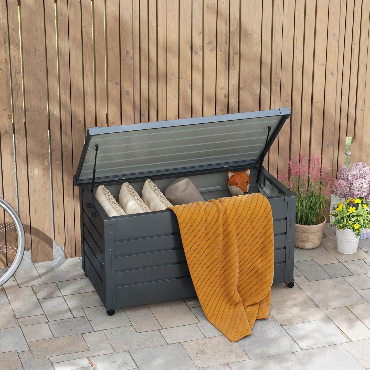 82 Gallon Garden Storage Box, Waterproof Outdoor Storage Container with Wheels and Handles, Lockable Galvanised Steel Outside Deck Box for Tools, Cushions, Dark Grey