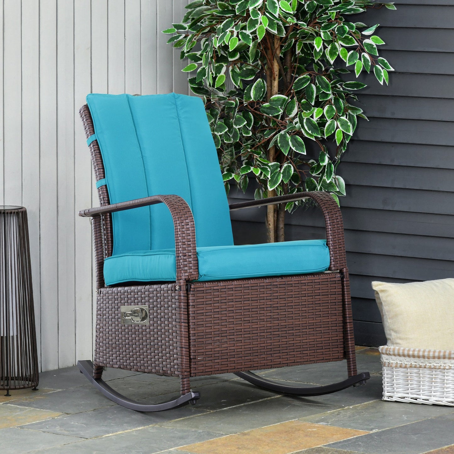 Outdoor Wicker Rocking Chair with Cushion, Patio PE Rattan Recliner Chair with Adjustable Footrest, Armrests, Turquoise