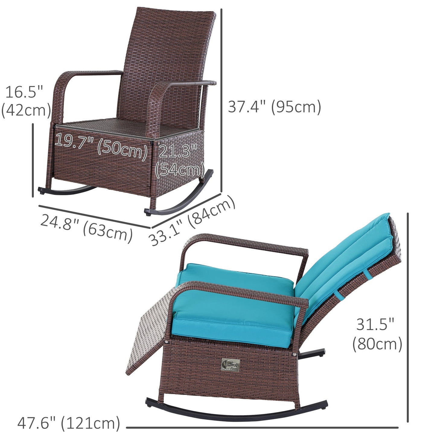 Outdoor Wicker Rocking Chair with Cushion, Patio PE Rattan Recliner Chair with Adjustable Footrest, Armrests, Turquoise