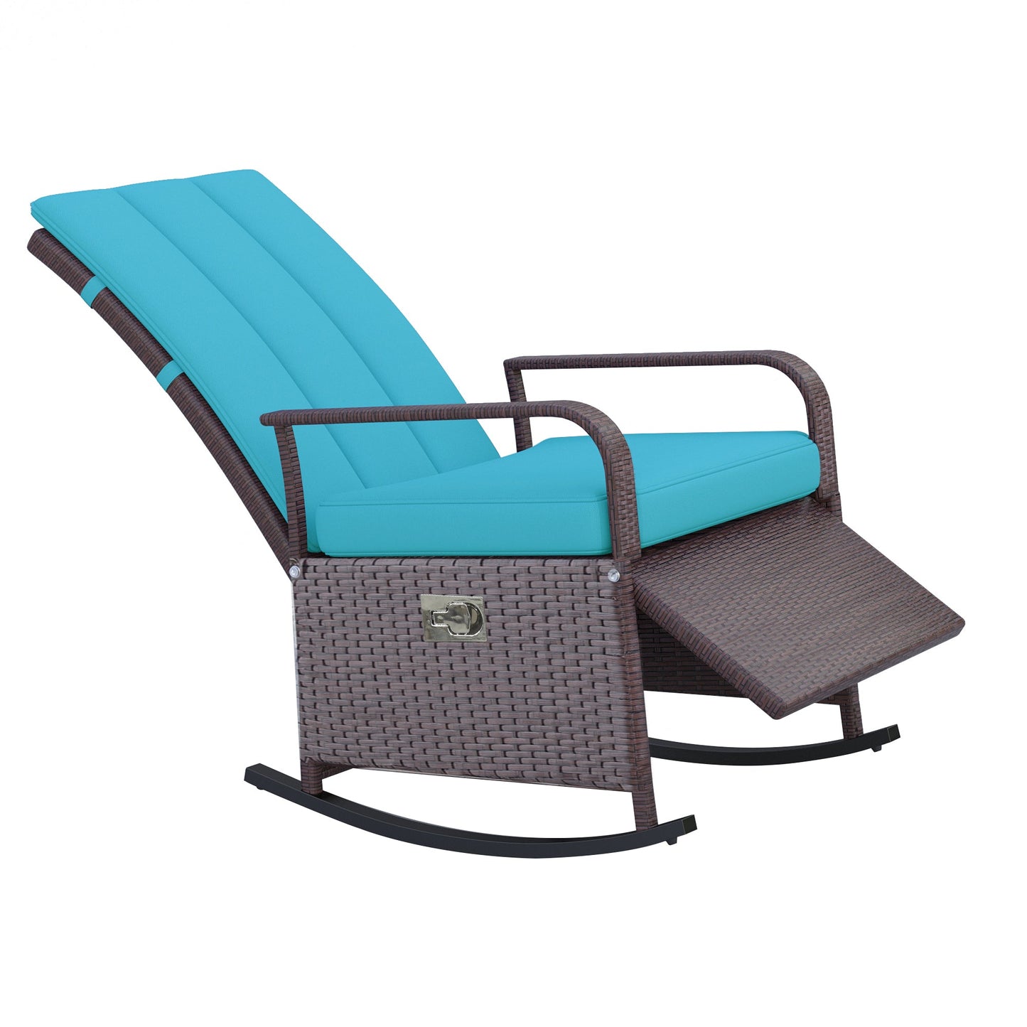 Outdoor Wicker Rocking Chair with Cushion, Patio PE Rattan Recliner Chair with Adjustable Footrest, Armrests, Turquoise