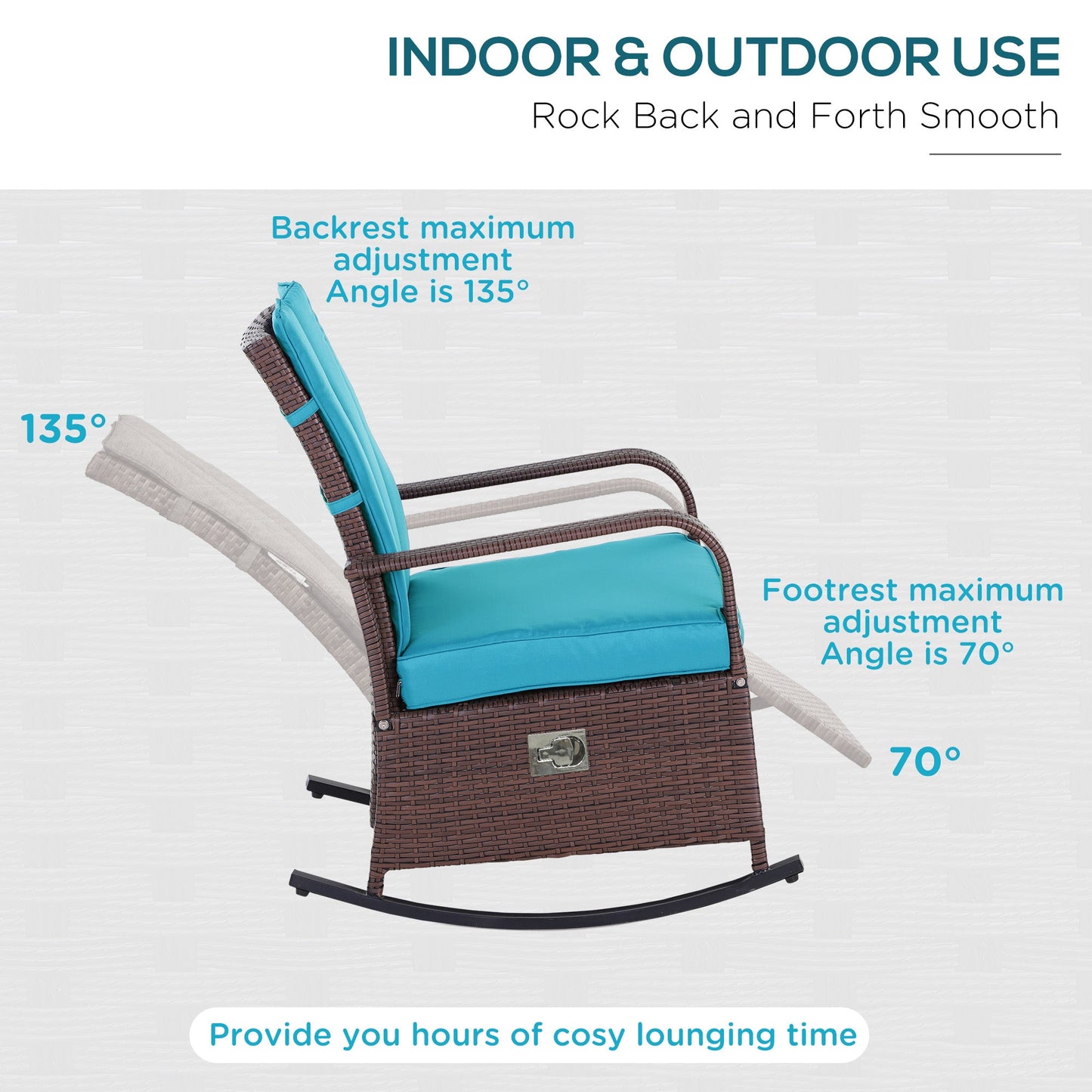 Outdoor Wicker Rocking Chair with Cushion, Patio PE Rattan Recliner Chair with Adjustable Footrest, Armrests, Turquoise