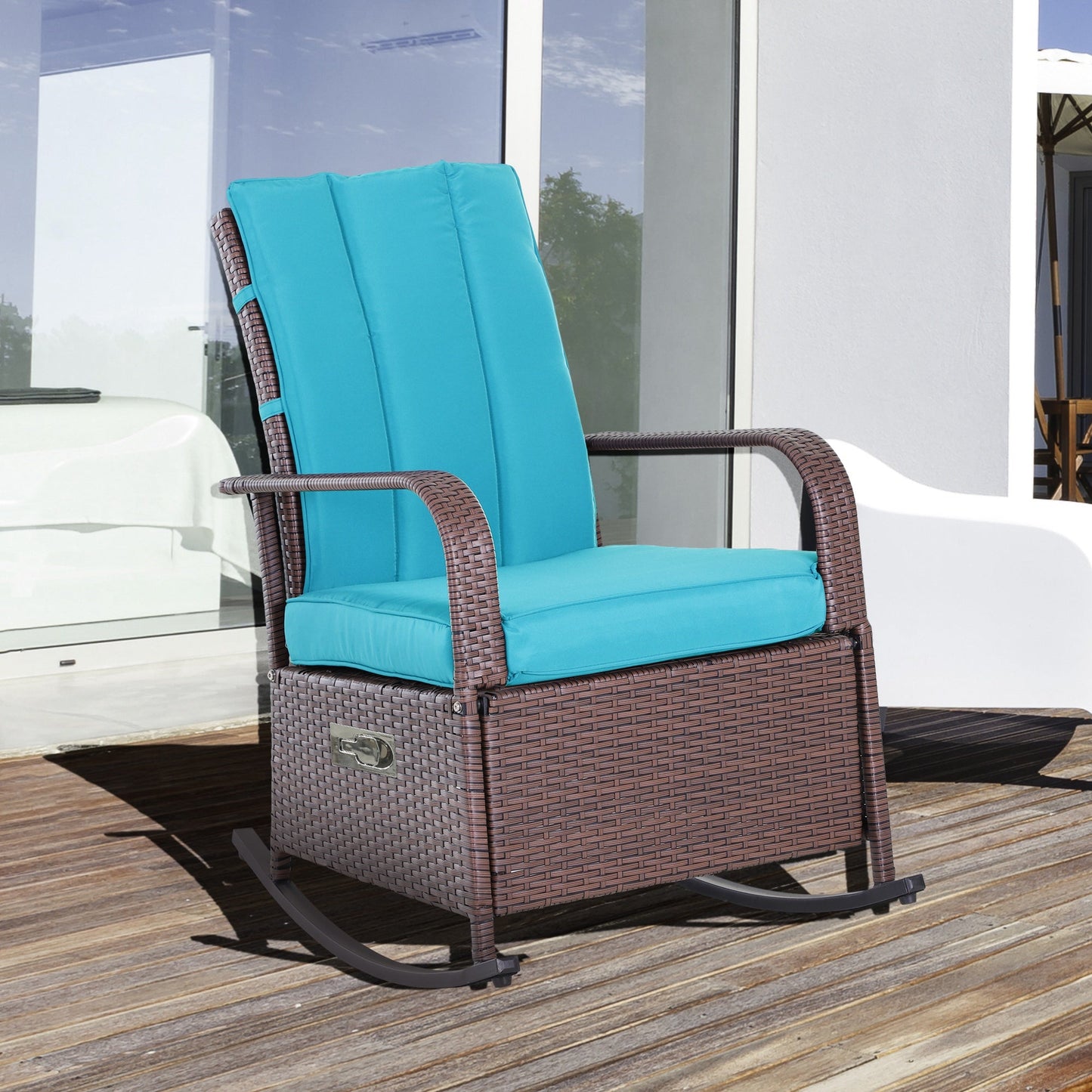 Outdoor Wicker Rocking Chair with Cushion, Patio PE Rattan Recliner Chair with Adjustable Footrest, Armrests, Turquoise