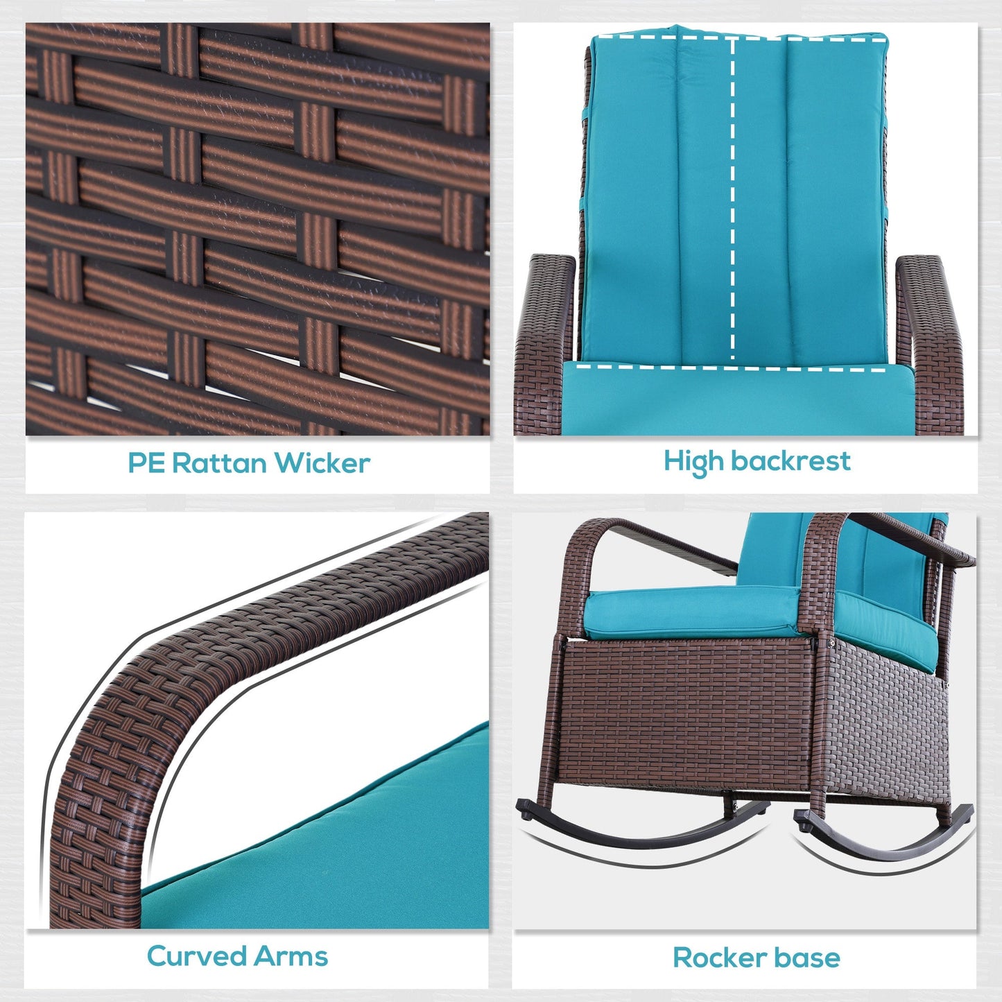 Outdoor Wicker Rocking Chair with Cushion, Patio PE Rattan Recliner Chair with Adjustable Footrest, Armrests, Turquoise