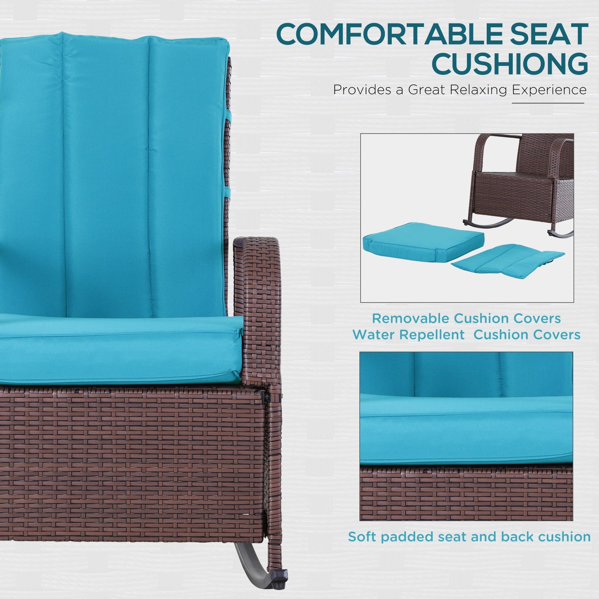 Outdoor Wicker Rocking Chair with Cushion, Patio PE Rattan Recliner Chair with Adjustable Footrest, Armrests, Turquoise
